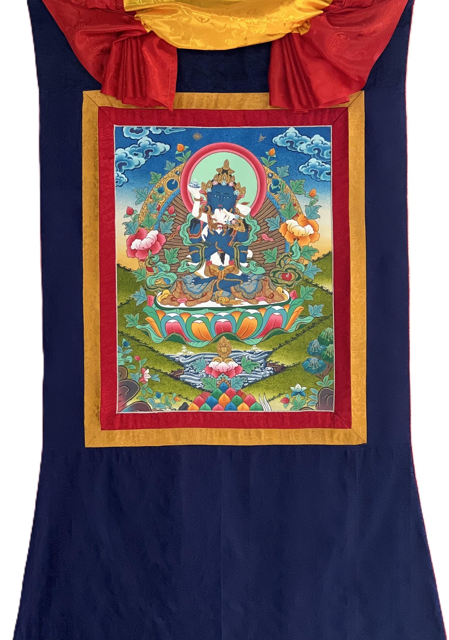 Vajradhara Shakti Thangka Painting, Silk Brocade Framed Tibetan Art