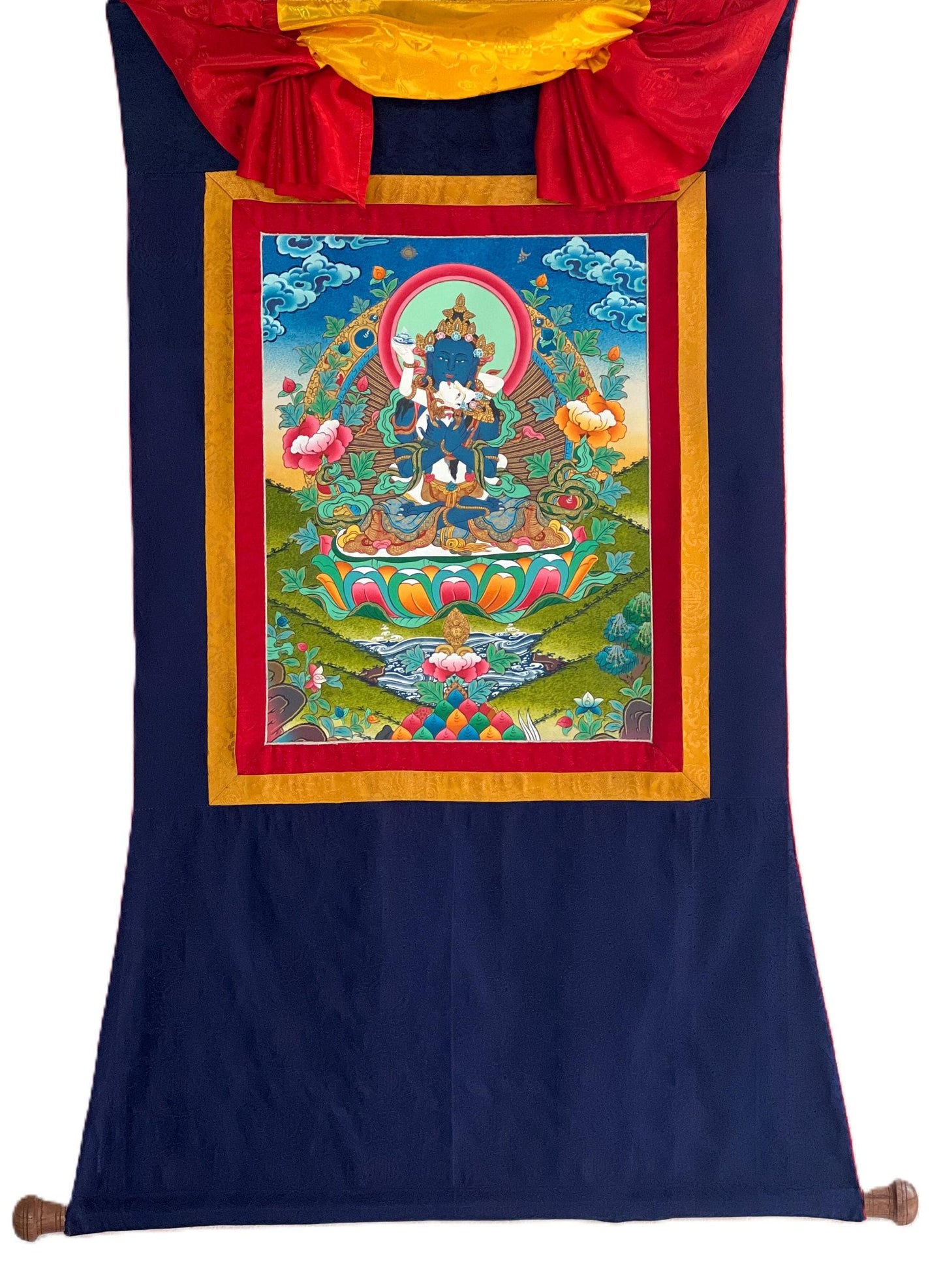 Vajradhara Shakti Thangka Painting, Silk Brocade Framed Tibetan Art