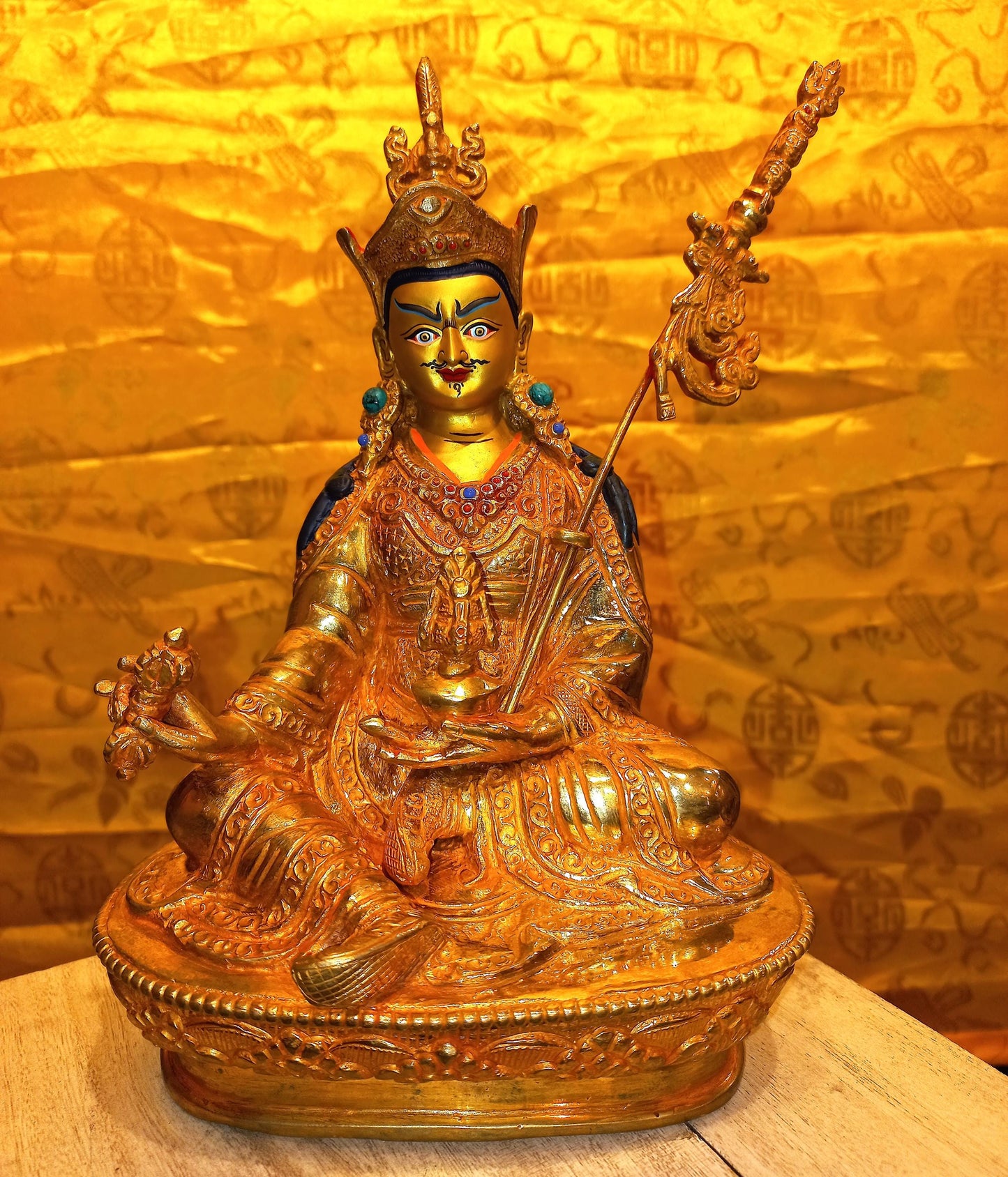 24K Gold Gilded Padmasambhava Statue | Handmade Copper Buddhist Art