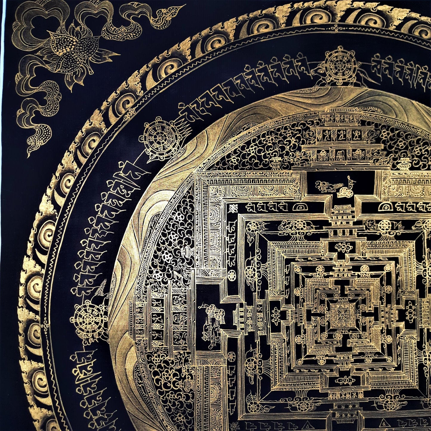 Hand-Painted Black and Gold Kalachakra Mandala Thangka | Tibetan Art