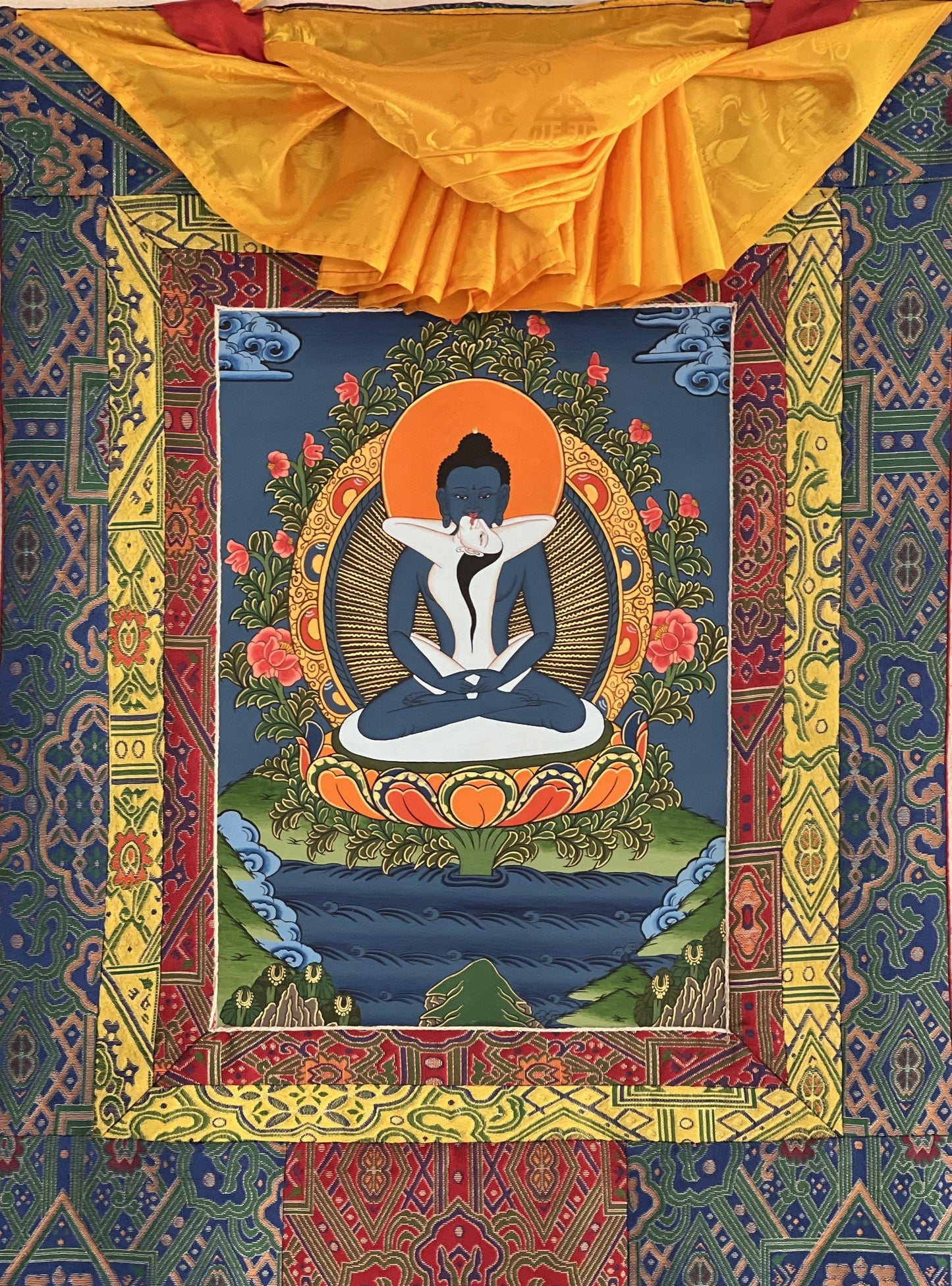 Hand-Painted Tibetan Buddha Thangka | Samantabhadra Yab-Yum Art with Brocade