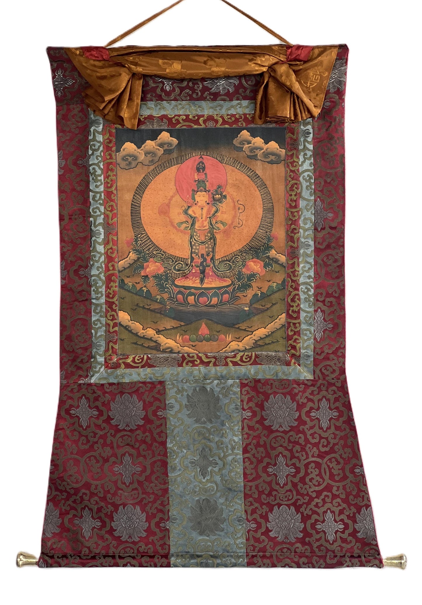 Avalokiteshvara Thangka Painting, Oil-Varnished, Silk Brocade, Tibetan Art