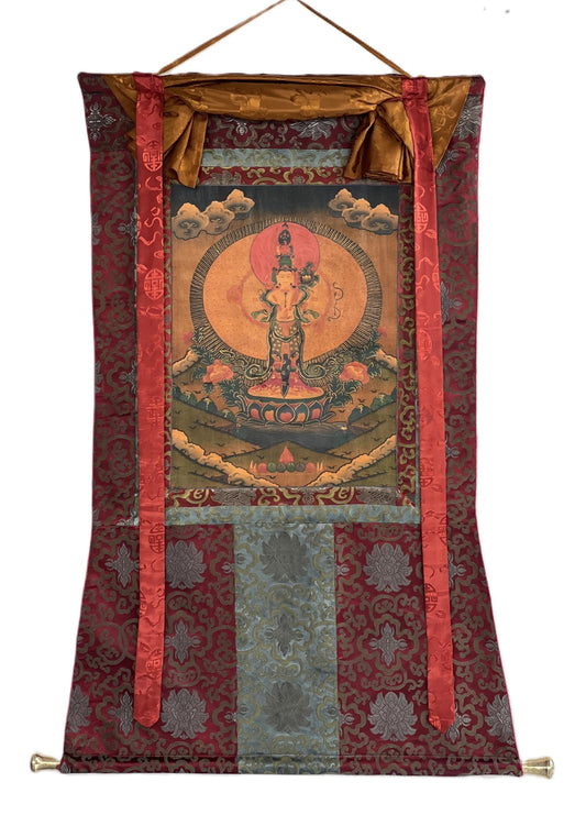Avalokiteshvara Thangka Painting, Oil-Varnished, Silk Brocade, Tibetan Art