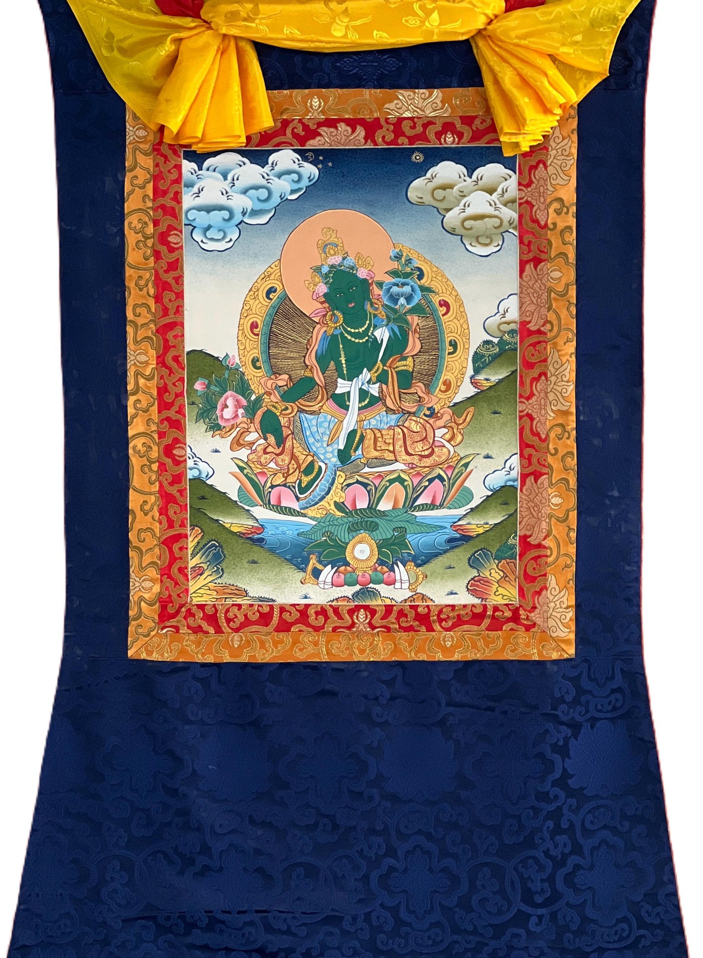 Hand-painted Green Tara Thangka Painting with Silk Brocade