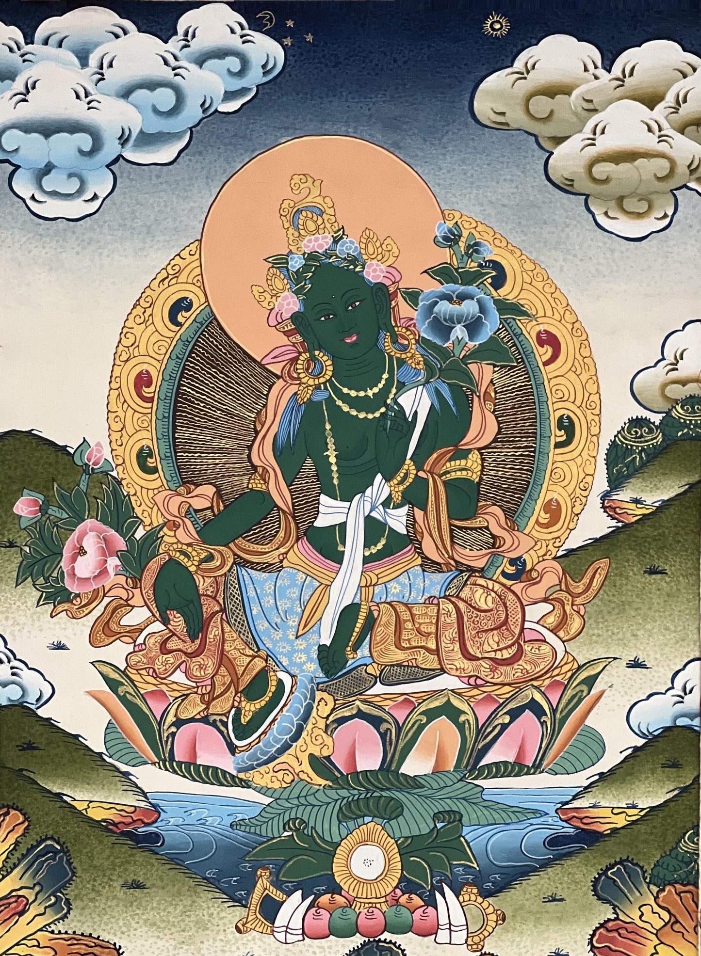 Hand-painted Green Tara Thangka Painting with Silk Brocade