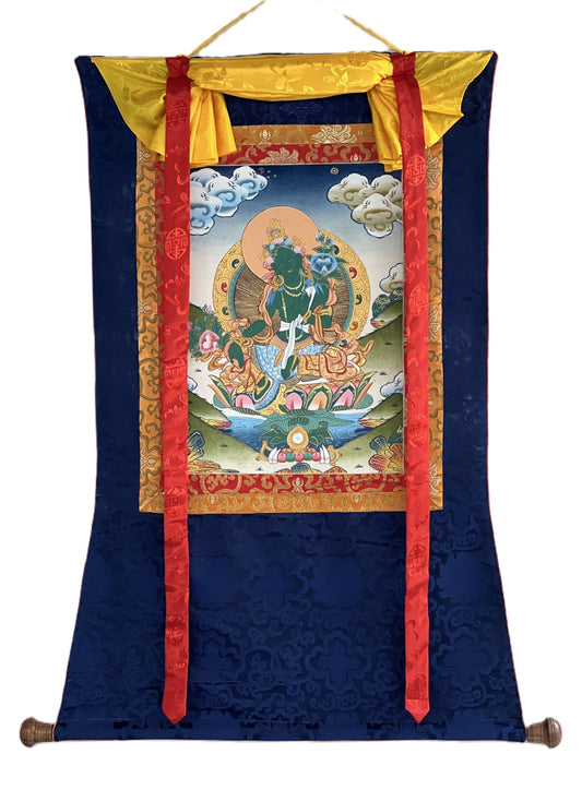 Hand-painted Green Tara Thangka Painting with Silk Brocade