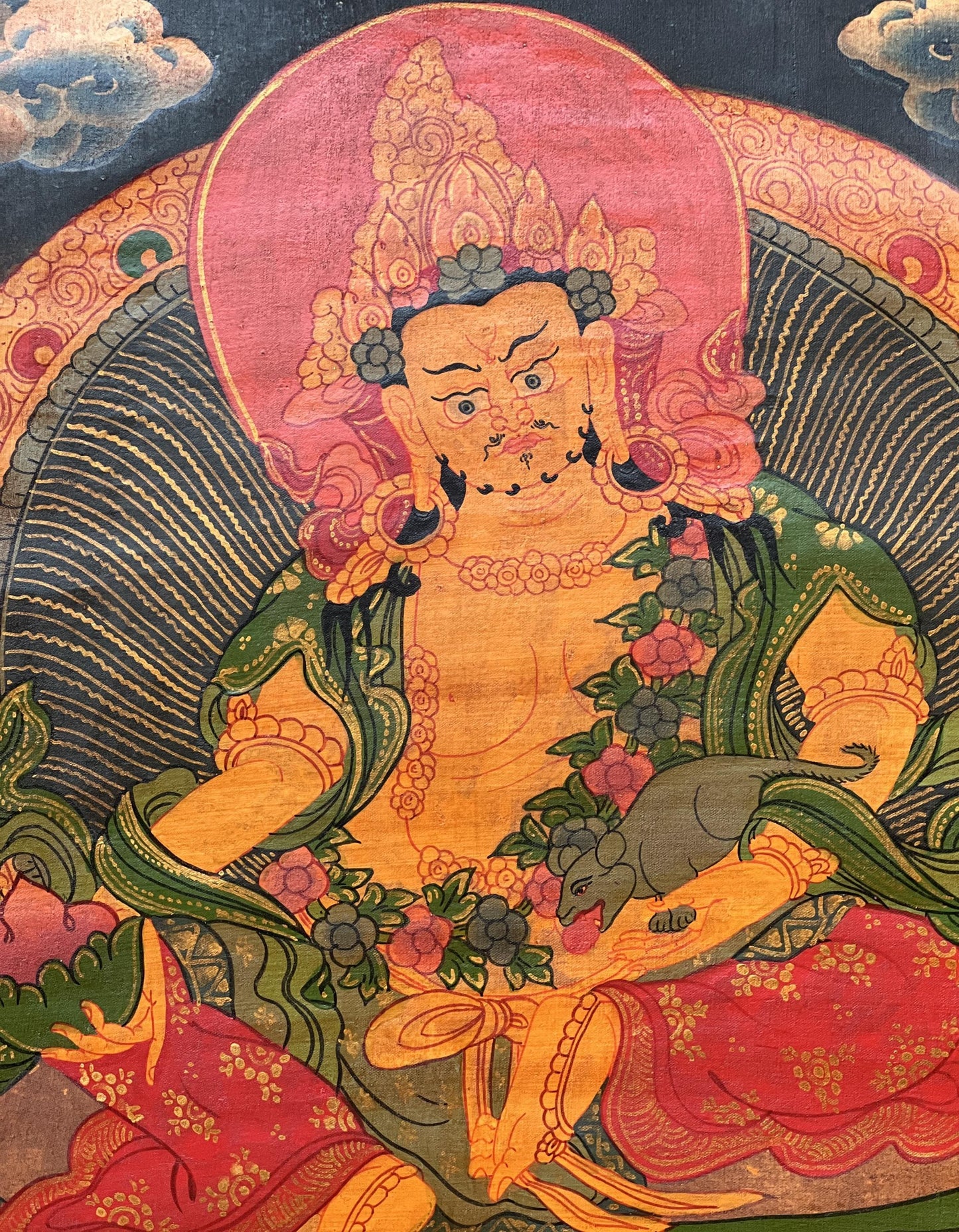 Hand-Painted Kubera Thangka – Jambhala, God of Wealth, Tibetan Art Oil Varnished with Silk Brocade