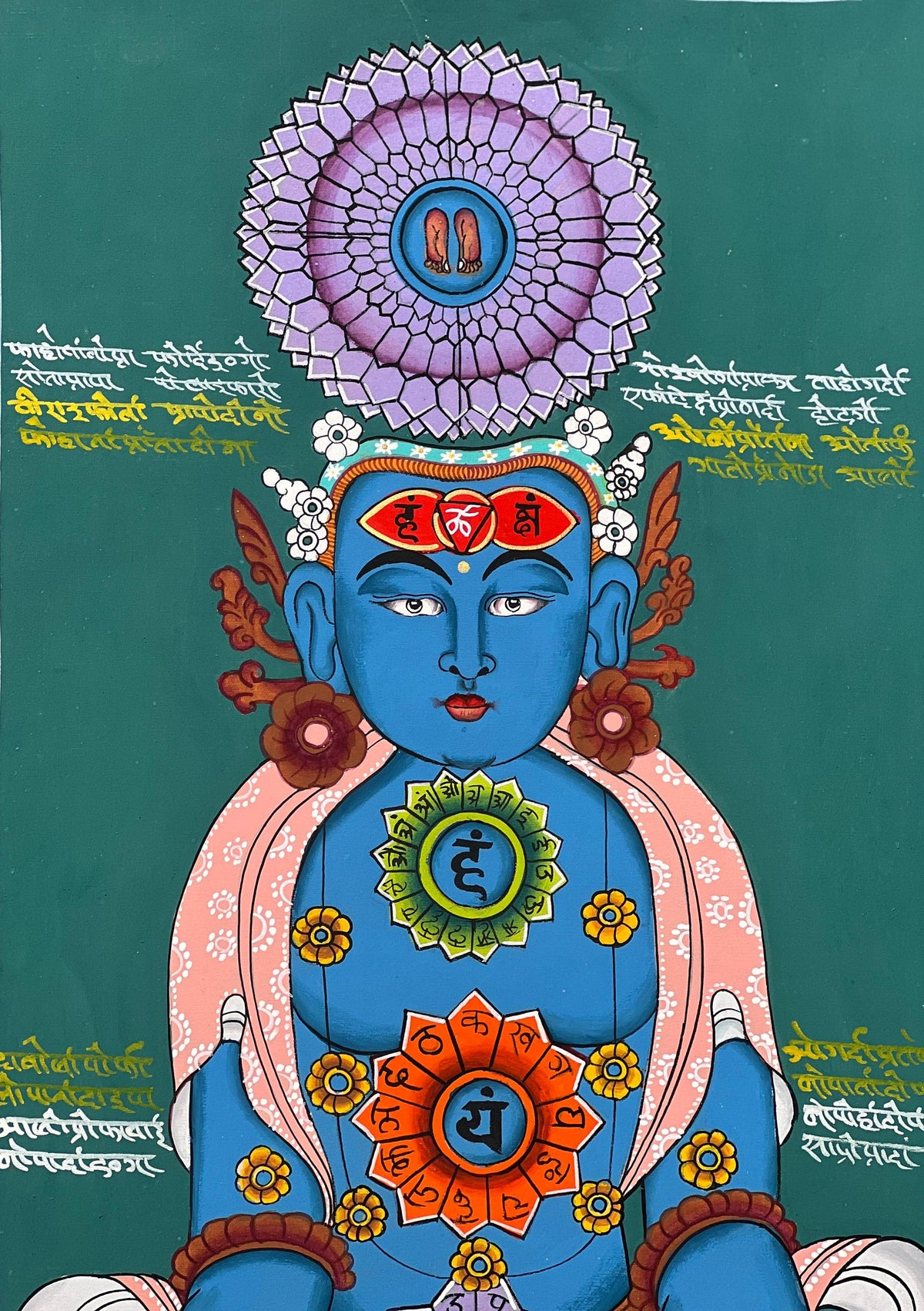 Seven Chakras Thangka Painting, Kundalini Art with Silk Brocade