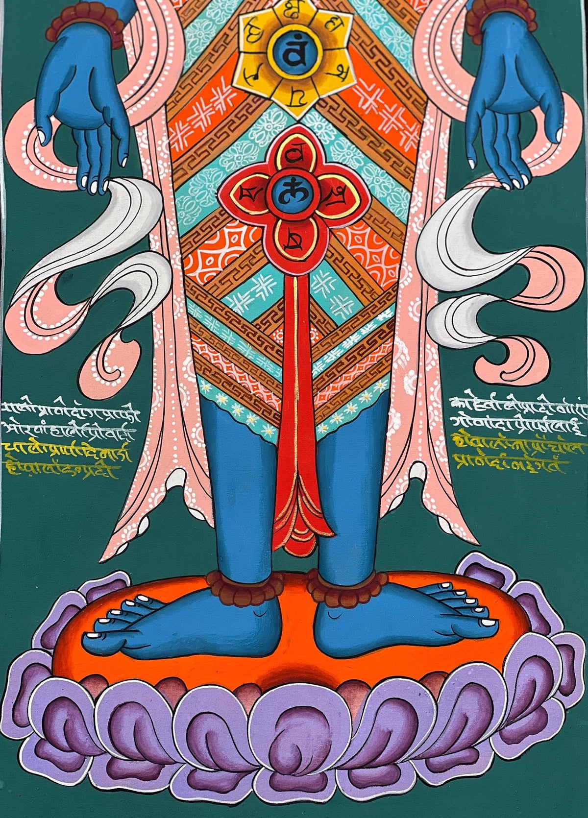 Seven Chakras Thangka Painting, Kundalini Art with Silk Brocade