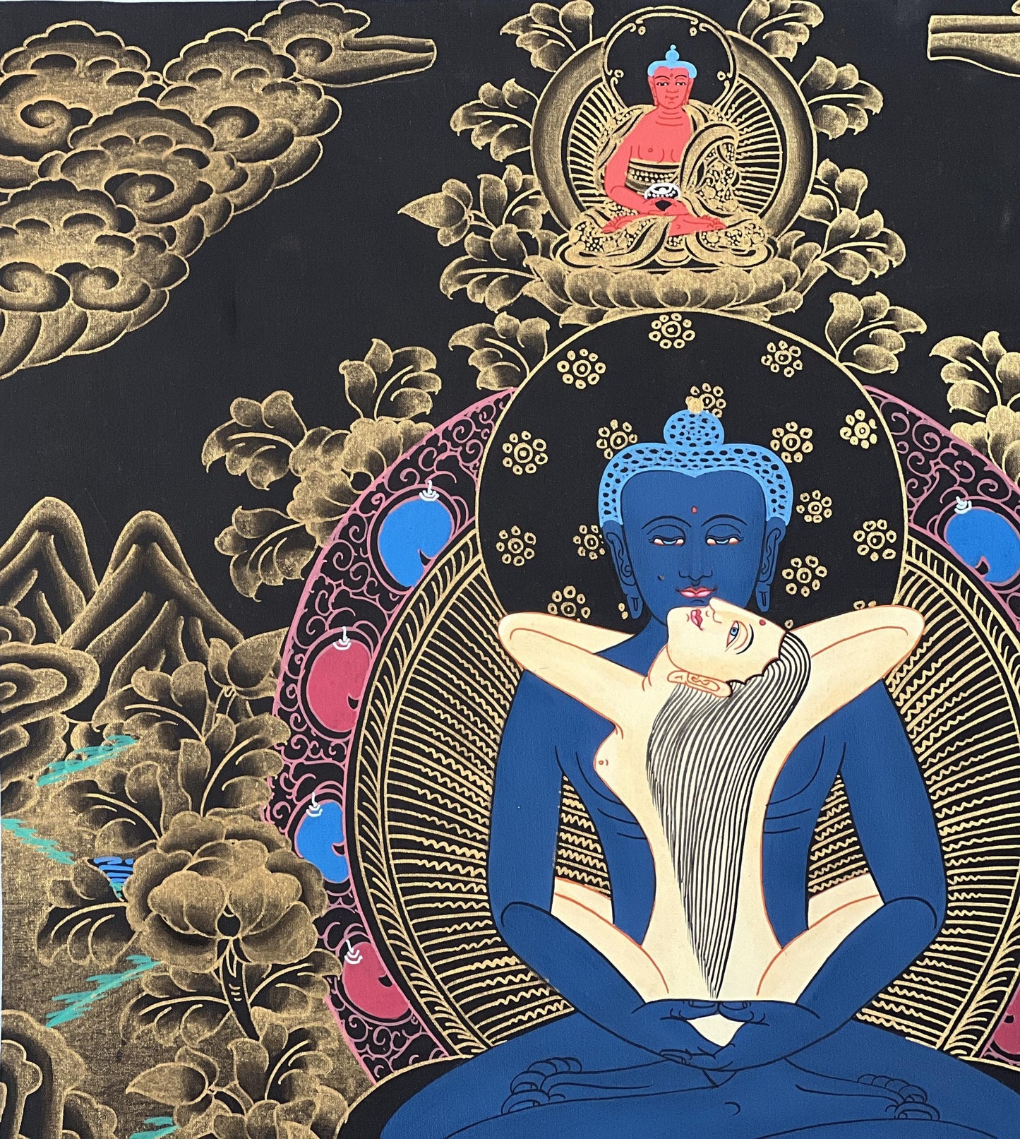 Hand-Painted Samantabhadra Thangka, Buddha Shakti Yab-Yum Art