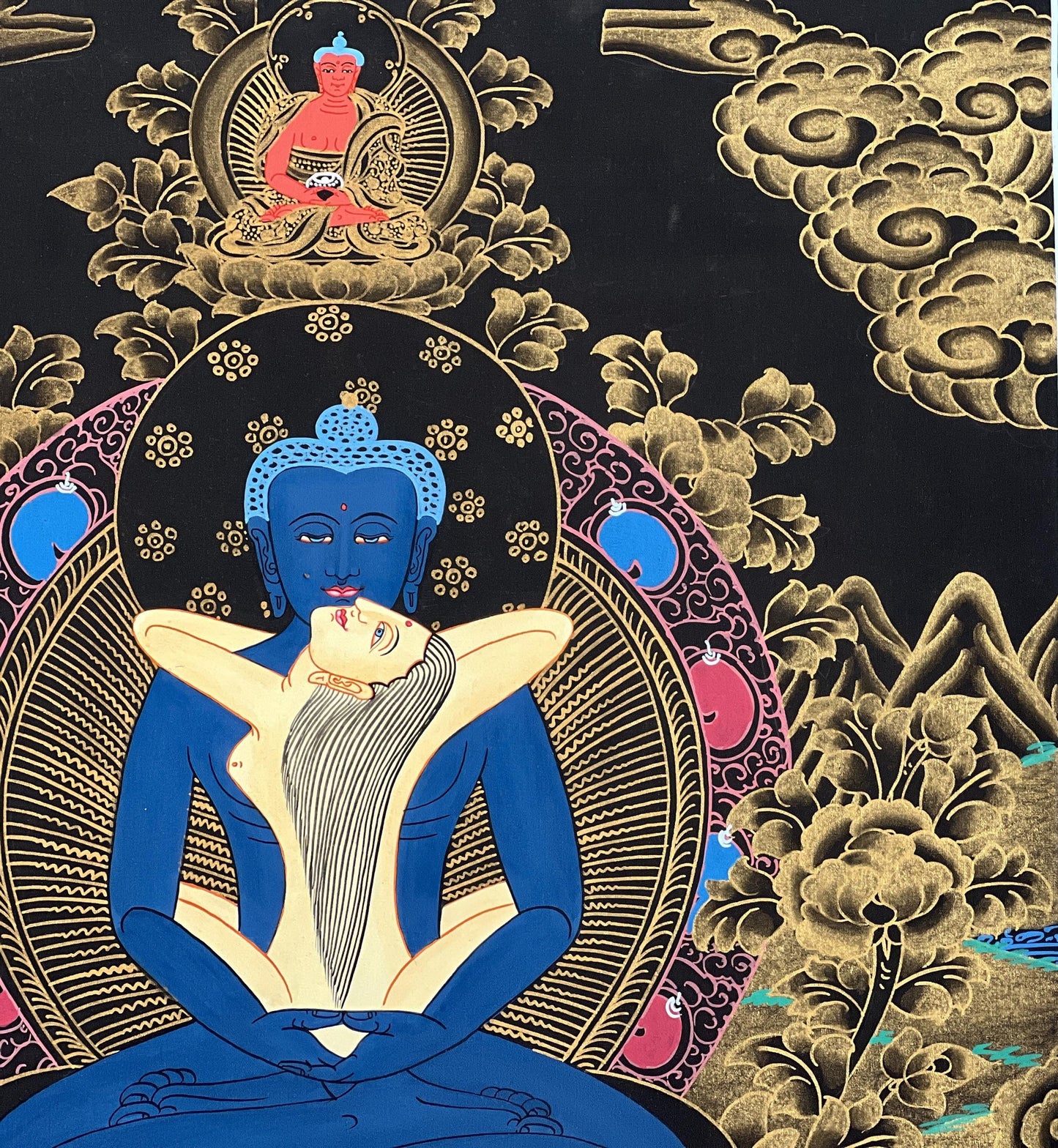 Hand-Painted Samantabhadra Thangka, Buddha Shakti Yab-Yum Art