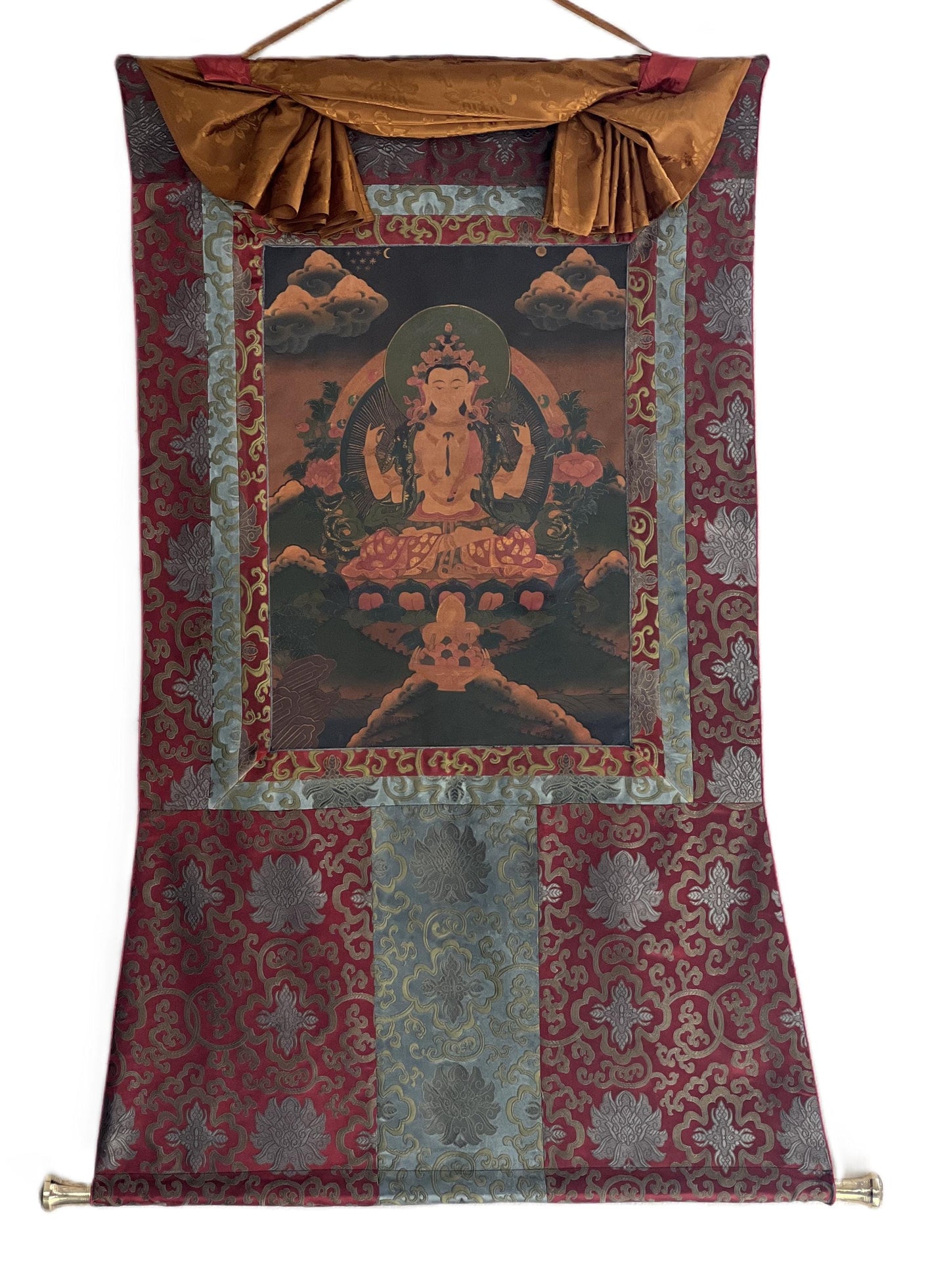 Hand Painted Avalokiteshvara Thangka, Oil Varnished Tibetan Brocade