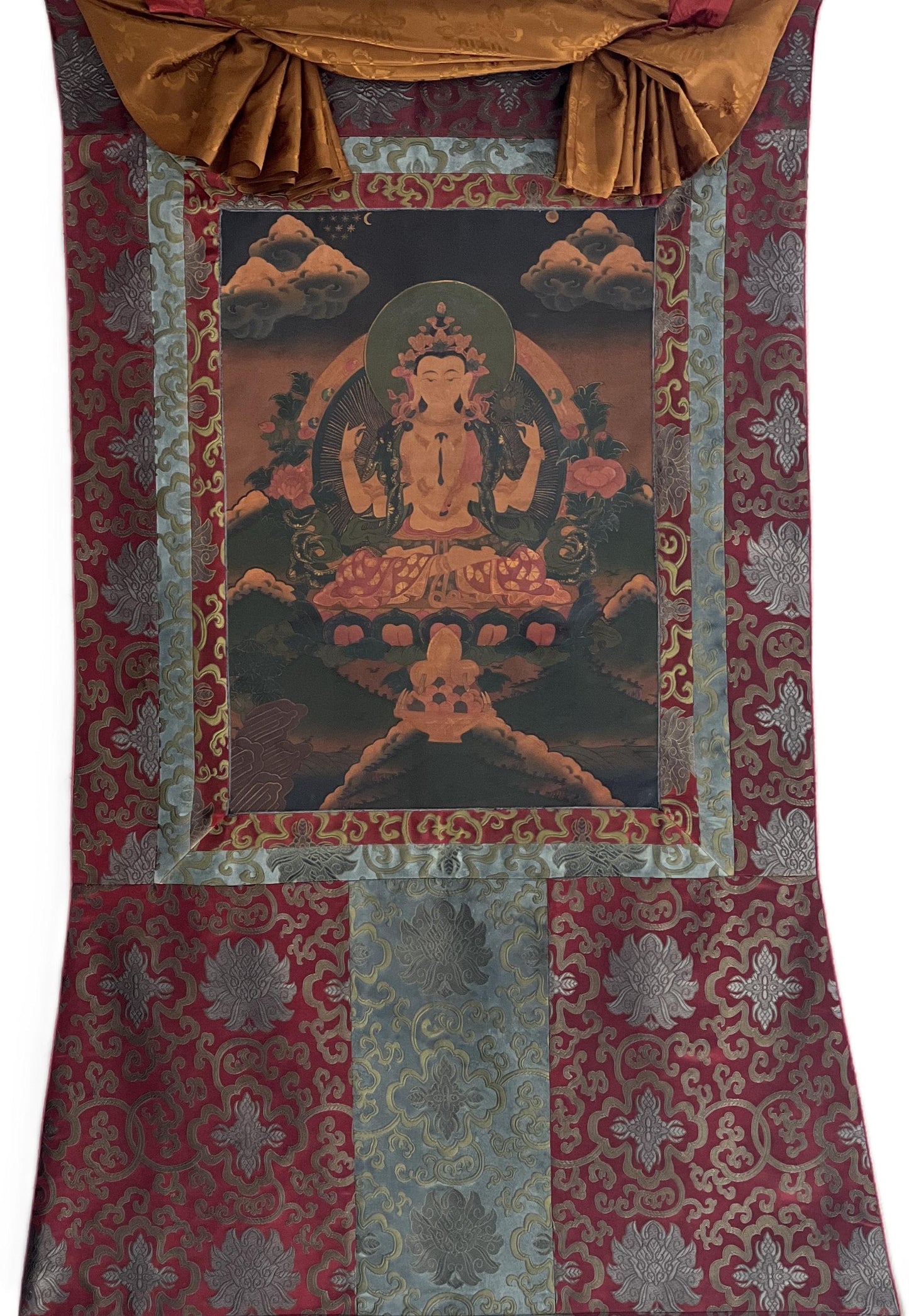 Hand Painted Avalokiteshvara Thangka, Oil Varnished Tibetan Brocade
