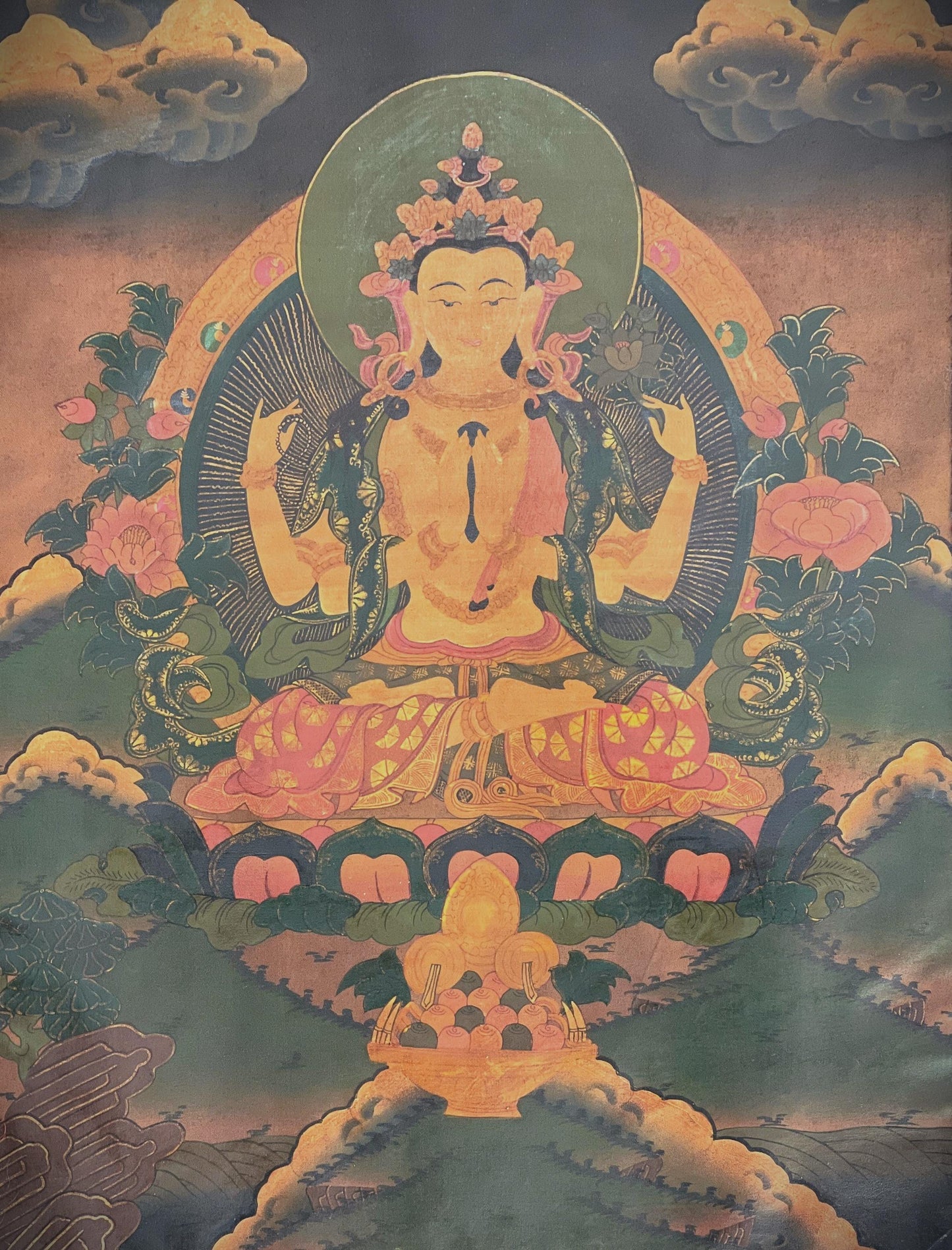 Hand Painted Avalokiteshvara Thangka, Oil Varnished Tibetan Brocade