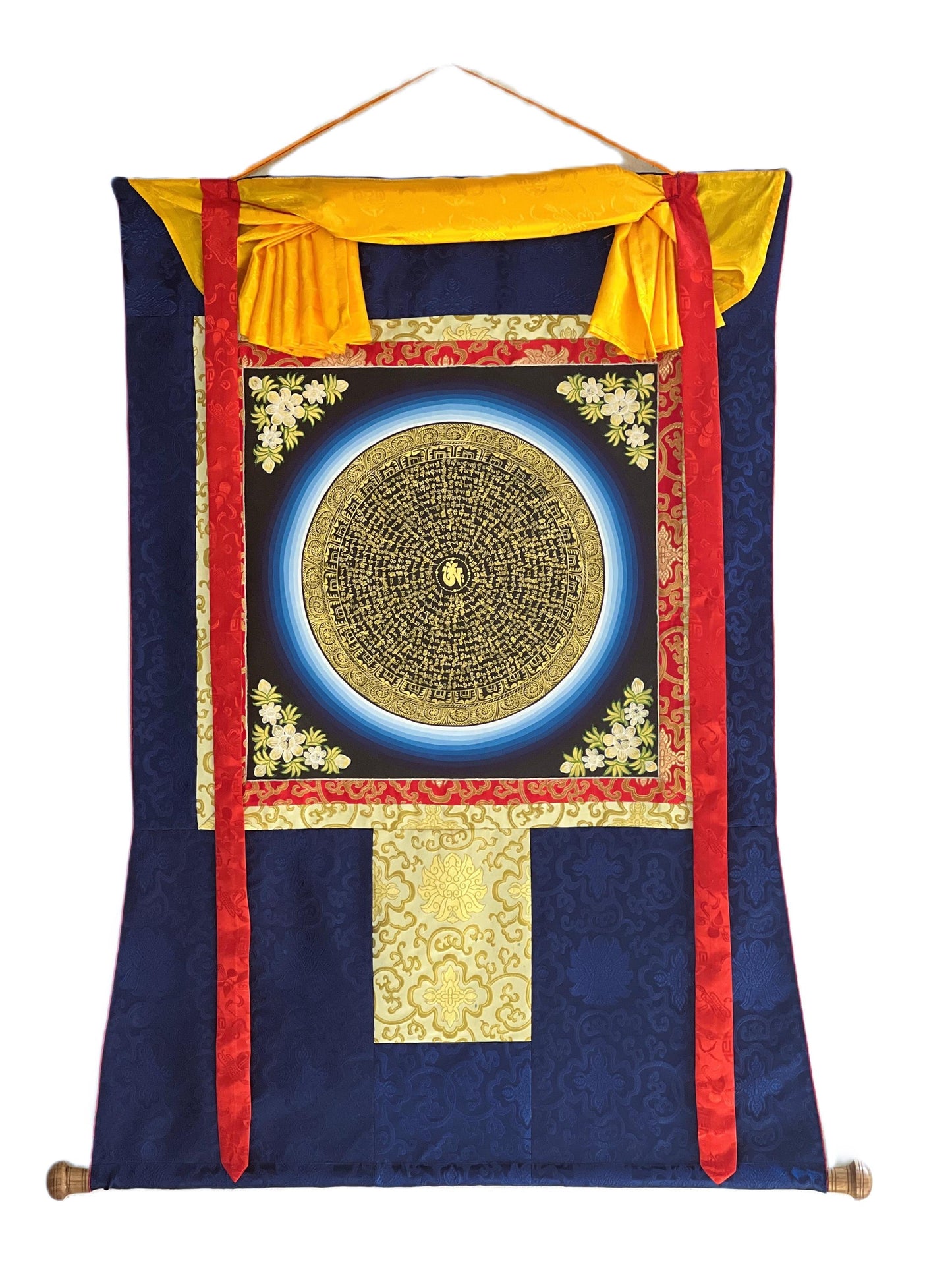 Om Mantra Mandala Thangka | Hand-Painted Tibetan Meditation Art with Silk Brocade