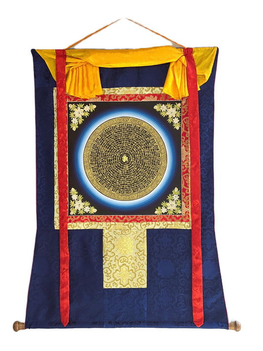 Om Mantra Mandala Thangka | Hand-Painted Tibetan Meditation Art with Silk Brocade