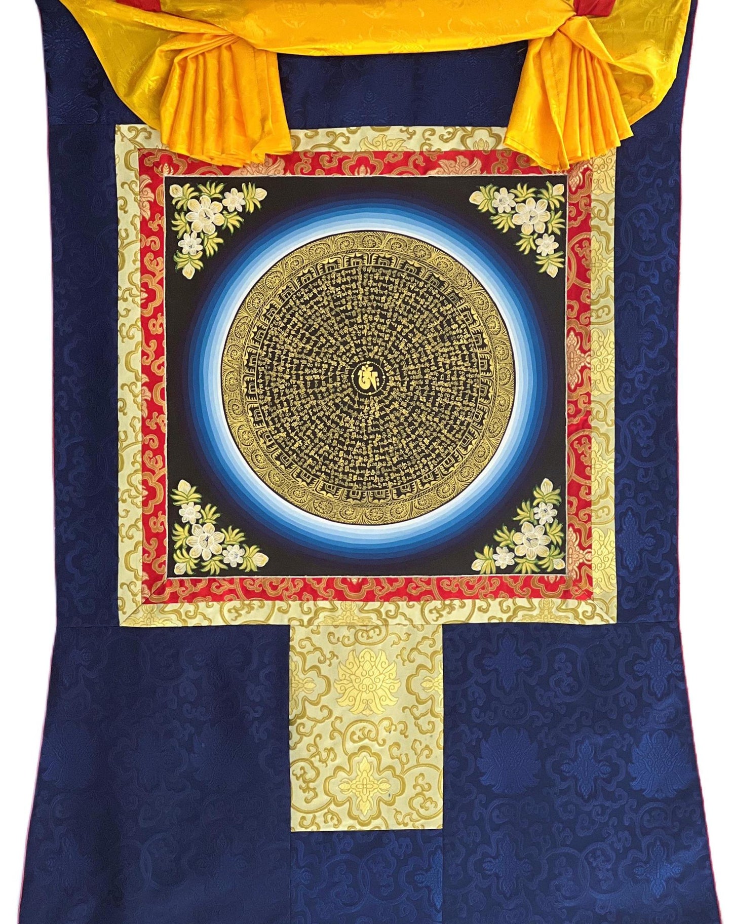 Om Mantra Mandala Thangka | Hand-Painted Tibetan Meditation Art with Silk Brocade