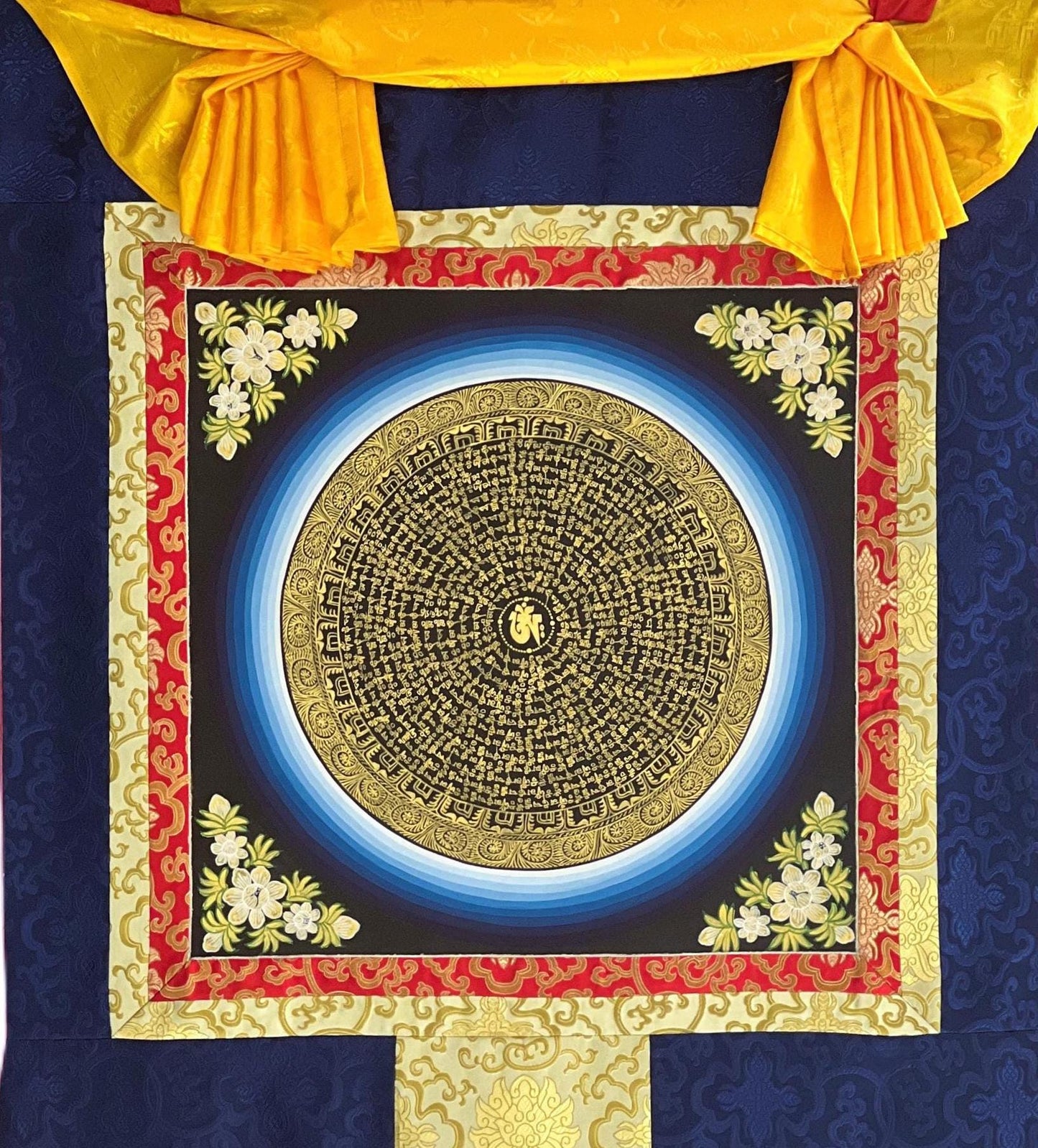 Om Mantra Mandala Thangka | Hand-Painted Tibetan Meditation Art with Silk Brocade