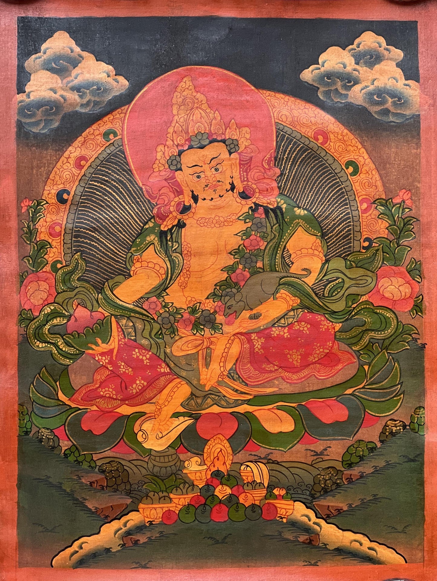 Hand-Painted Kubera Thangka – Jambhala, God of Wealth, Tibetan Art Oil Varnished with Silk Brocade