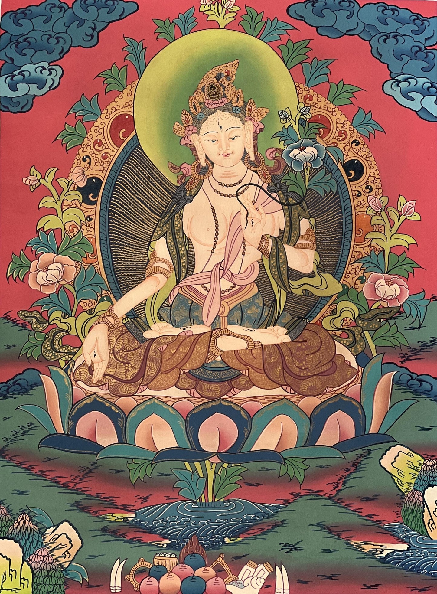 White Tara Thangka Painting: Hand-Painted Tibetan Art with Silk Brocade
