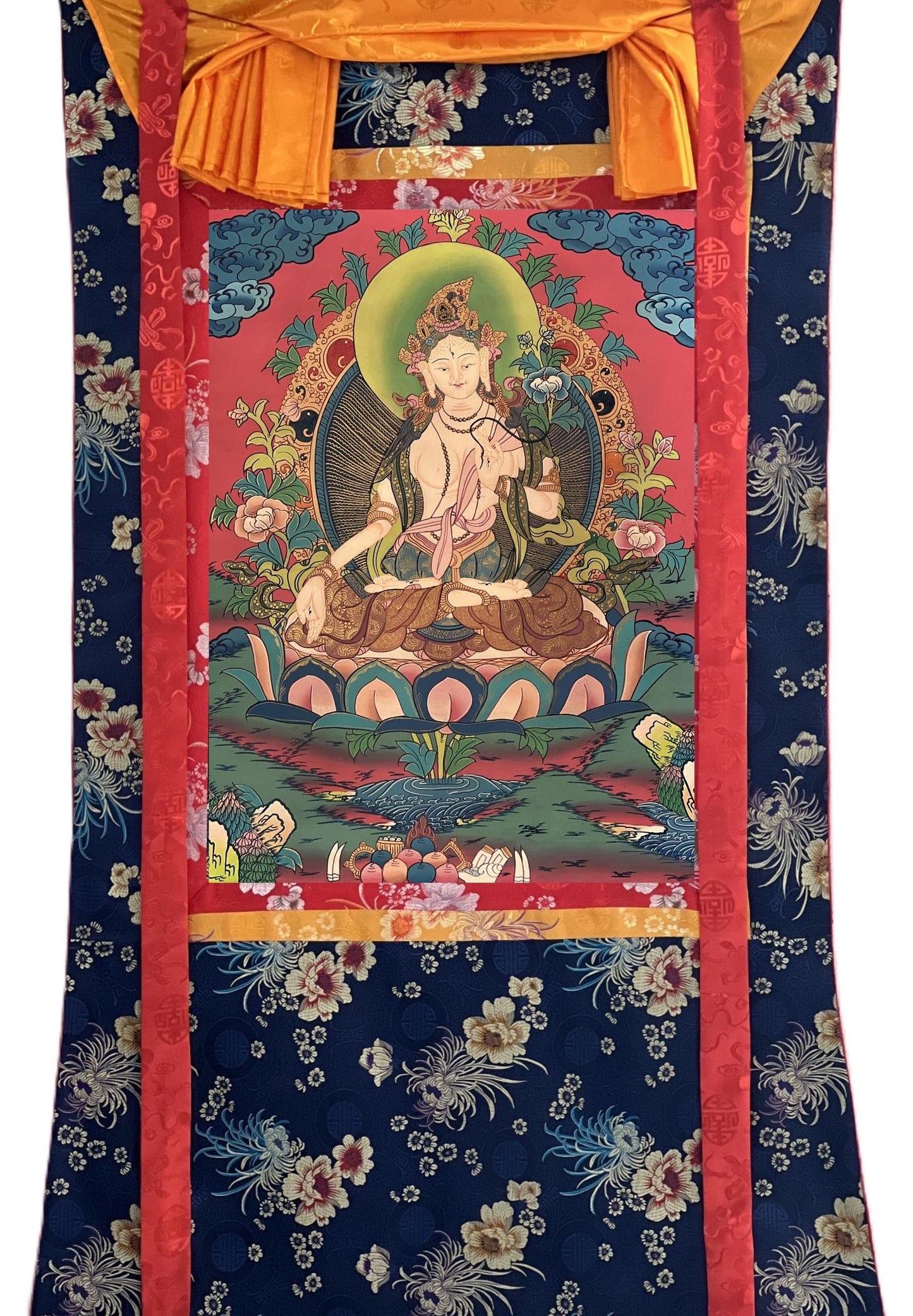 White Tara Thangka Painting: Hand-Painted Tibetan Art with Silk Brocade