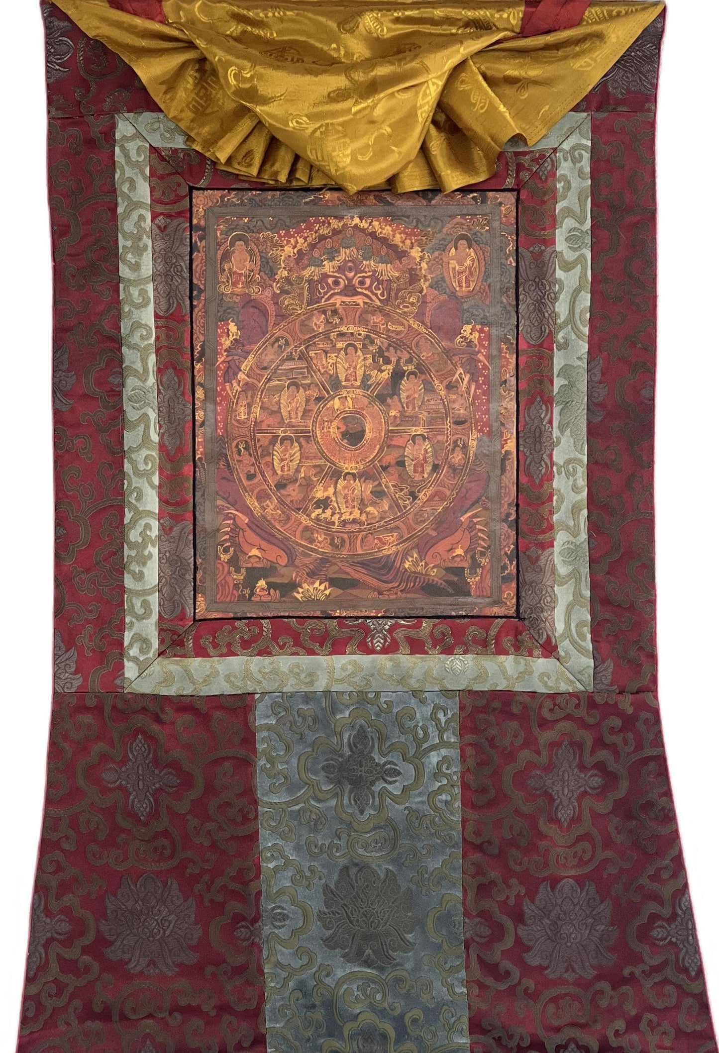 Hand-Painted Wheel of Life Thangka: Mandala Painting with Silk Brocade
