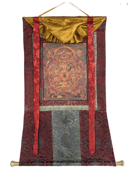 Hand-Painted Wheel of Life Thangka: Mandala Painting with Silk Brocade