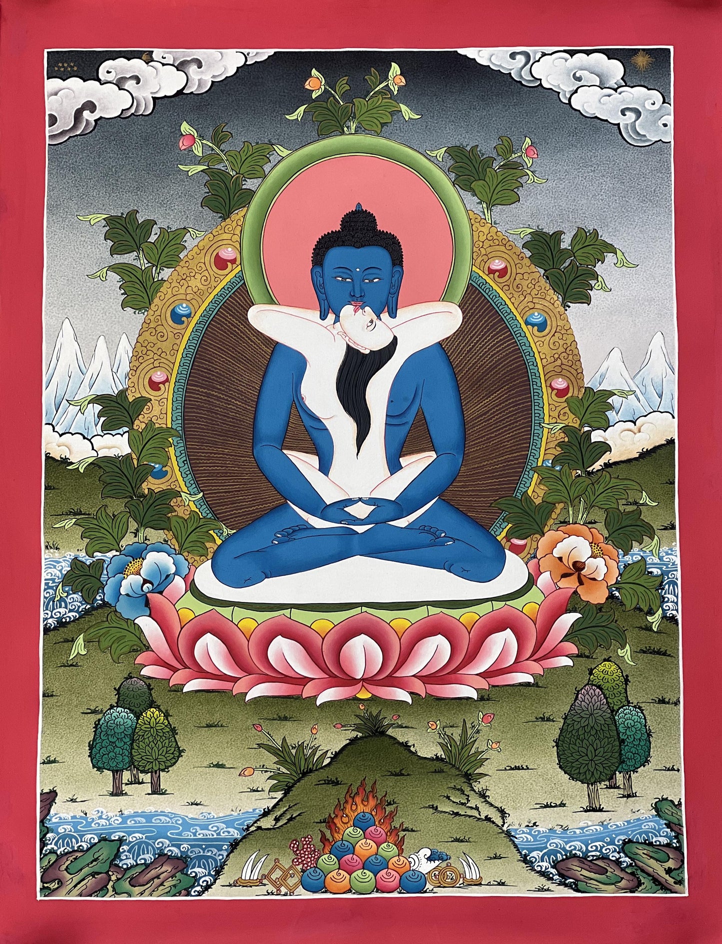 Hand-Painted Buddha Shakti Thangka Painting, Tibetan Art