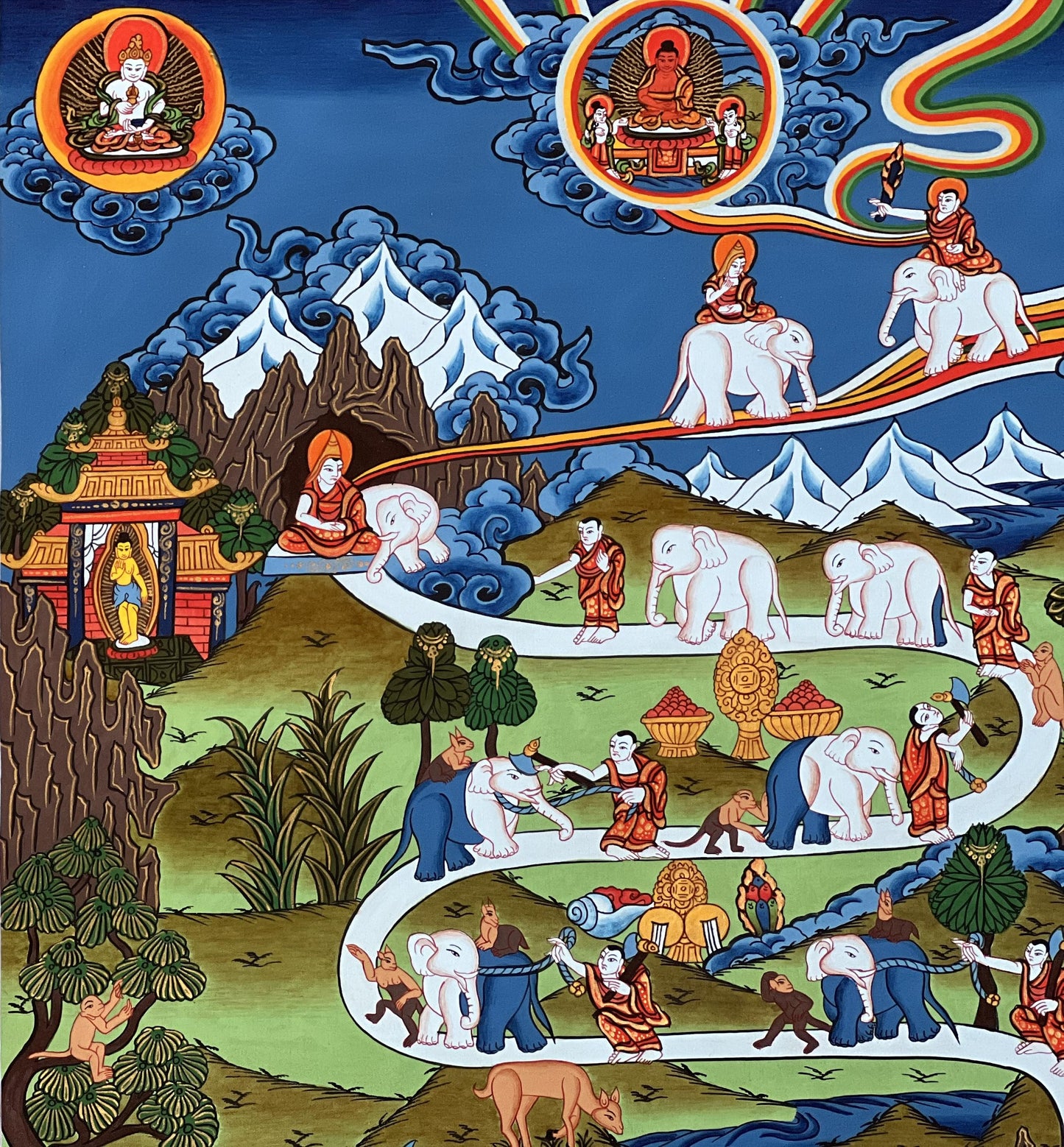 Samatha Thangka • Nine Stages of Meditation • Tibetan Buddhist Art • Elephant & Monkey Mind Training Painting