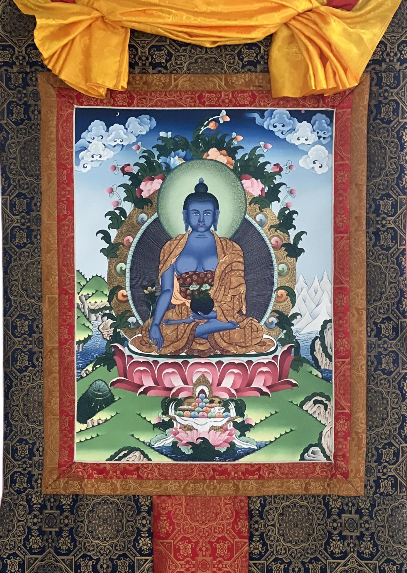 Medicine Buddha Thangka Giclée Print – Tibetan Art with Silk Brocade