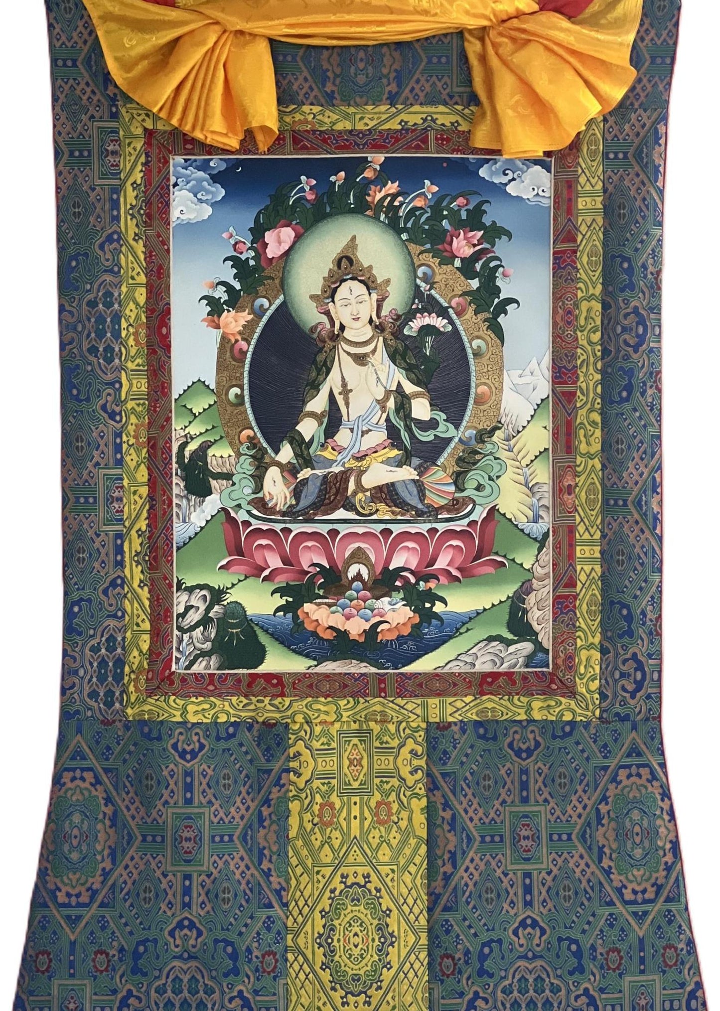 White Tara Thangka Giclée Print – Tibetan Meditation Art with Silk Brocade