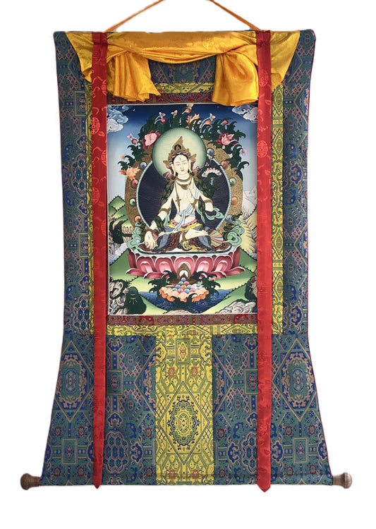 White Tara Thangka Giclée Print – Tibetan Meditation Art with Silk Brocade