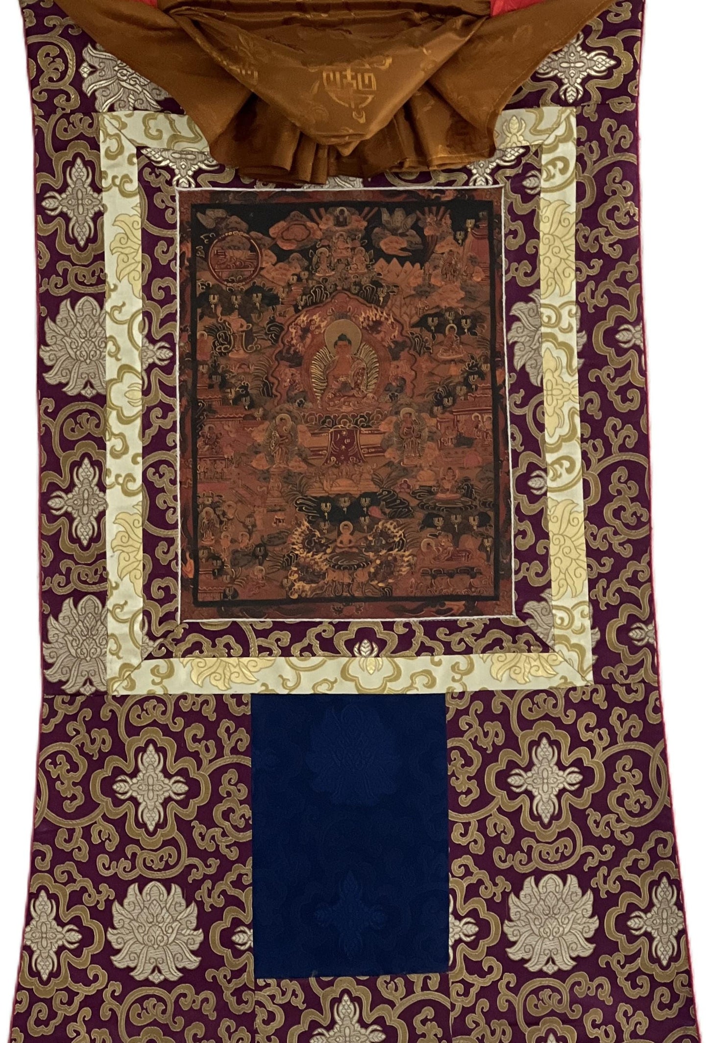 Hand-Painted Buddha Life Mandala Thangka, Oil Varnished with Silk Brocade