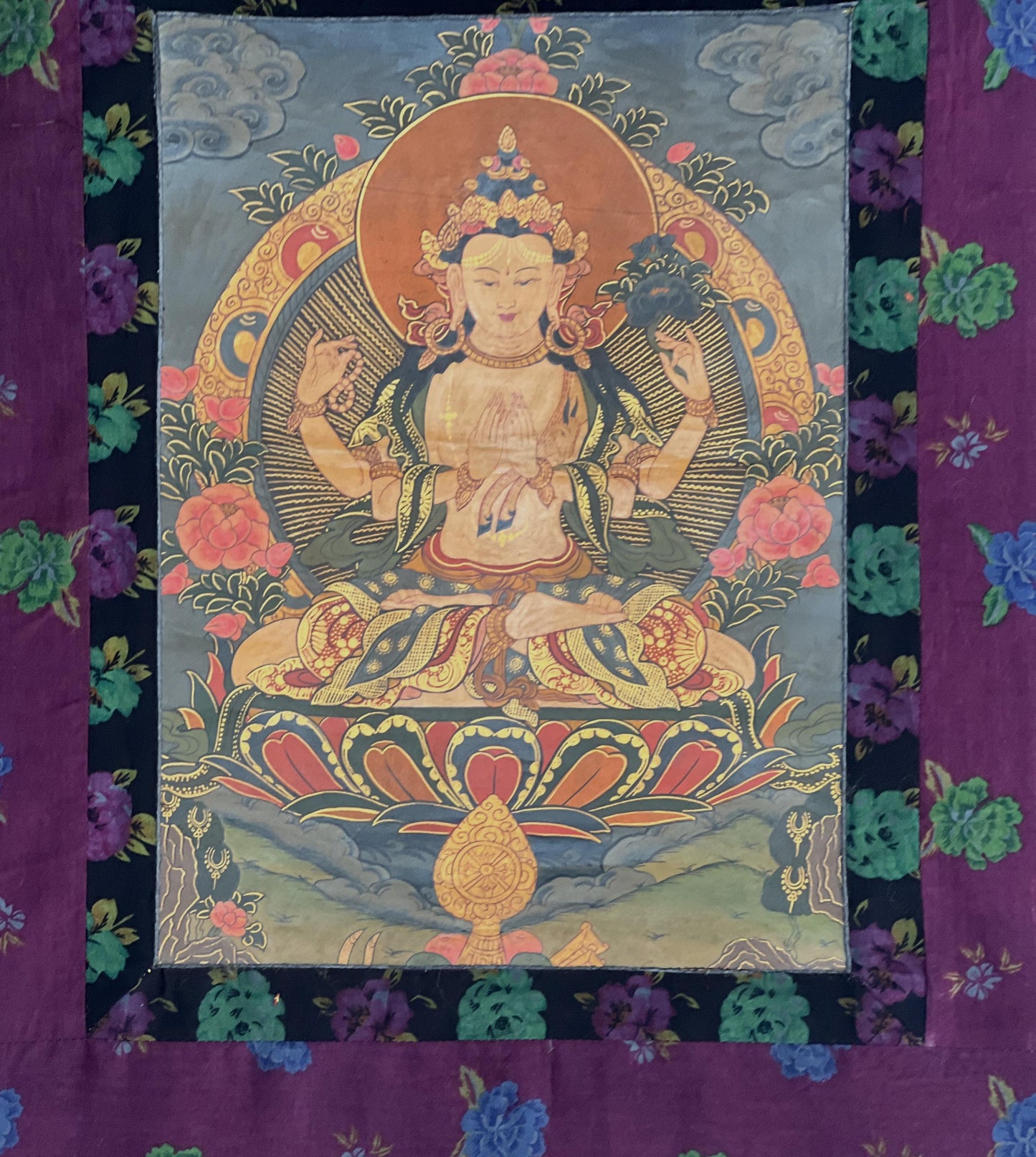Old Avalokiteshvara Thangka Painting, Hand Painted Tibetan Art with Brocade