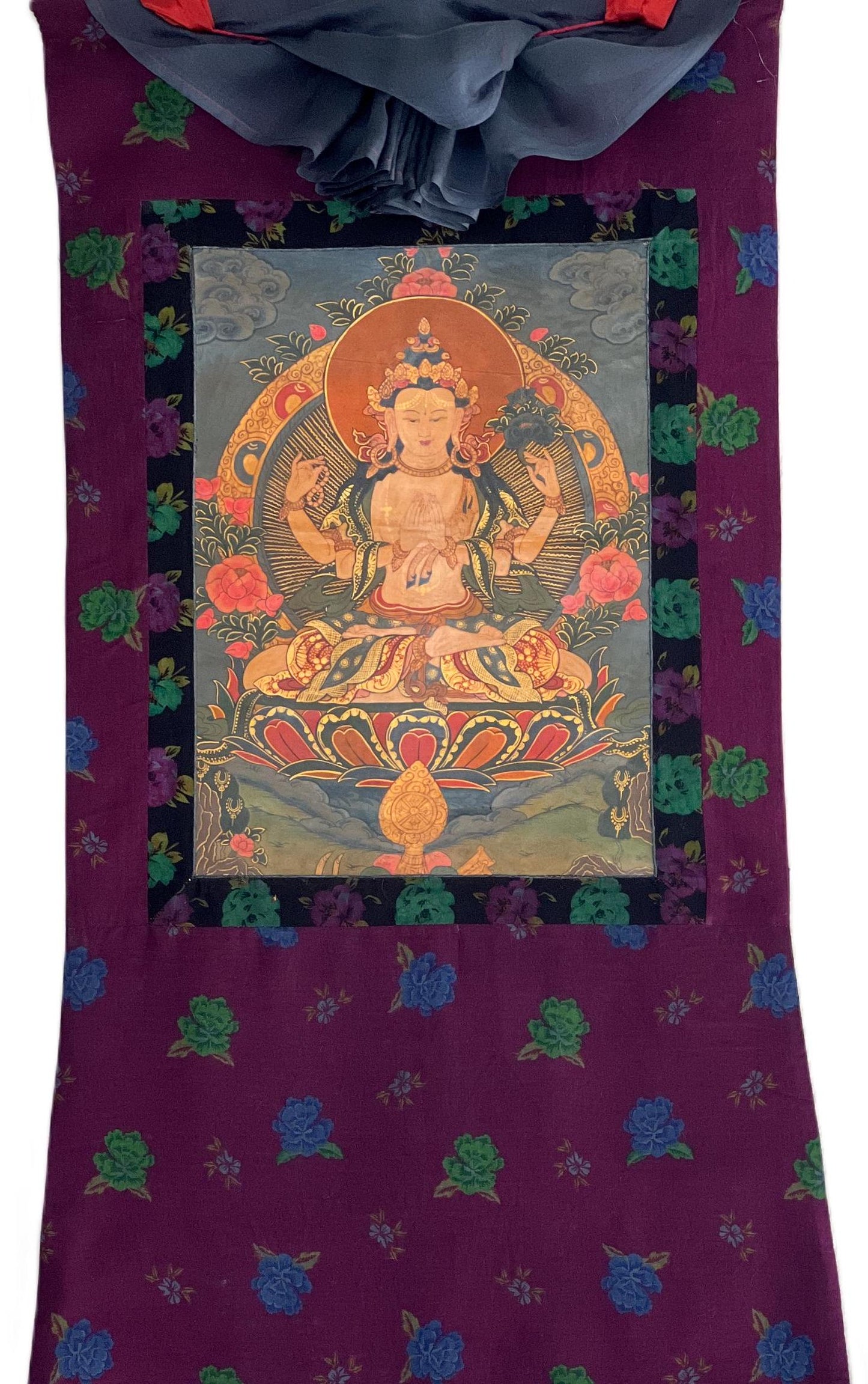 Old Avalokiteshvara Thangka Painting, Hand Painted Tibetan Art with Brocade