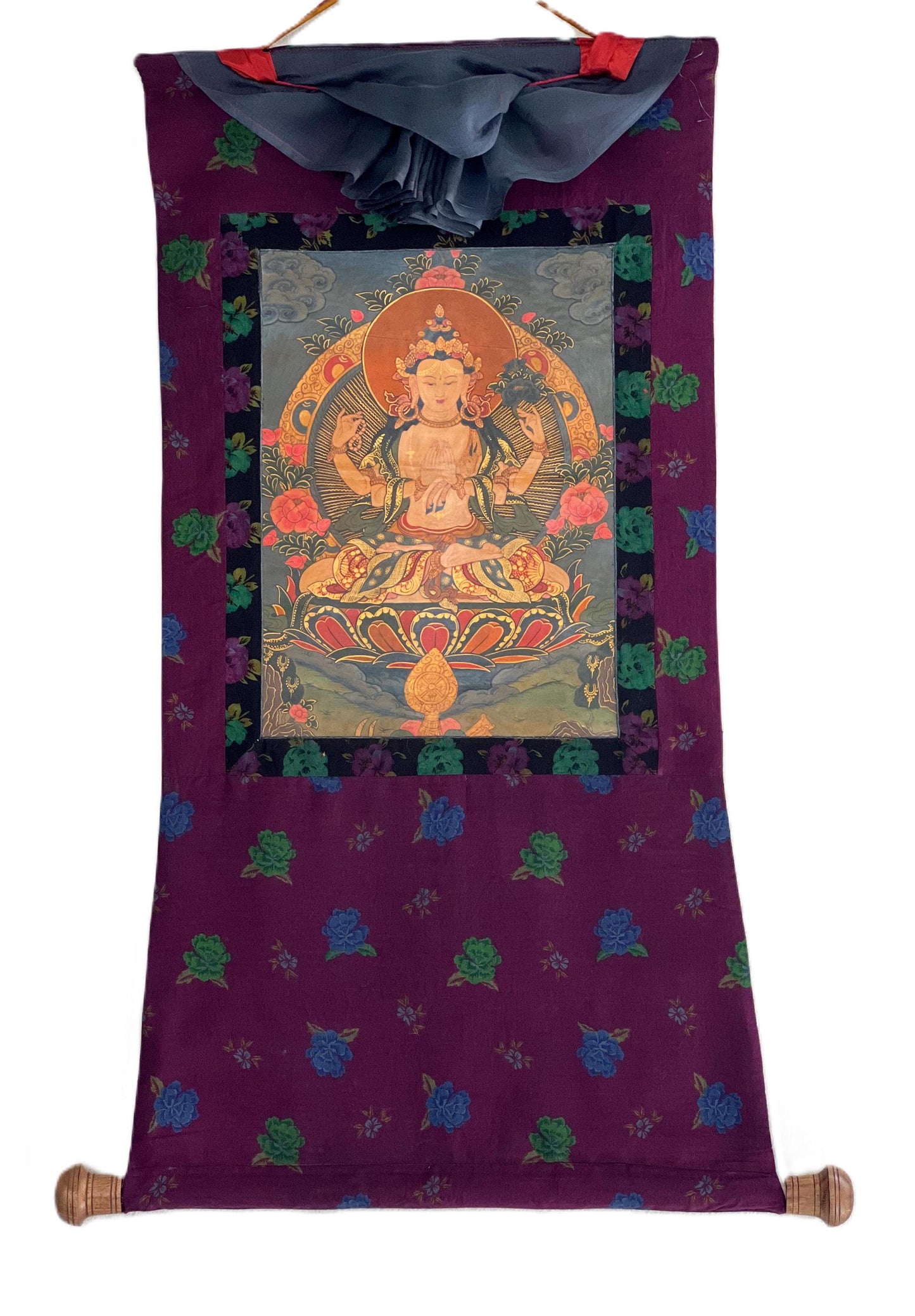 Old Avalokiteshvara Thangka Painting, Hand Painted Tibetan Art with Brocade