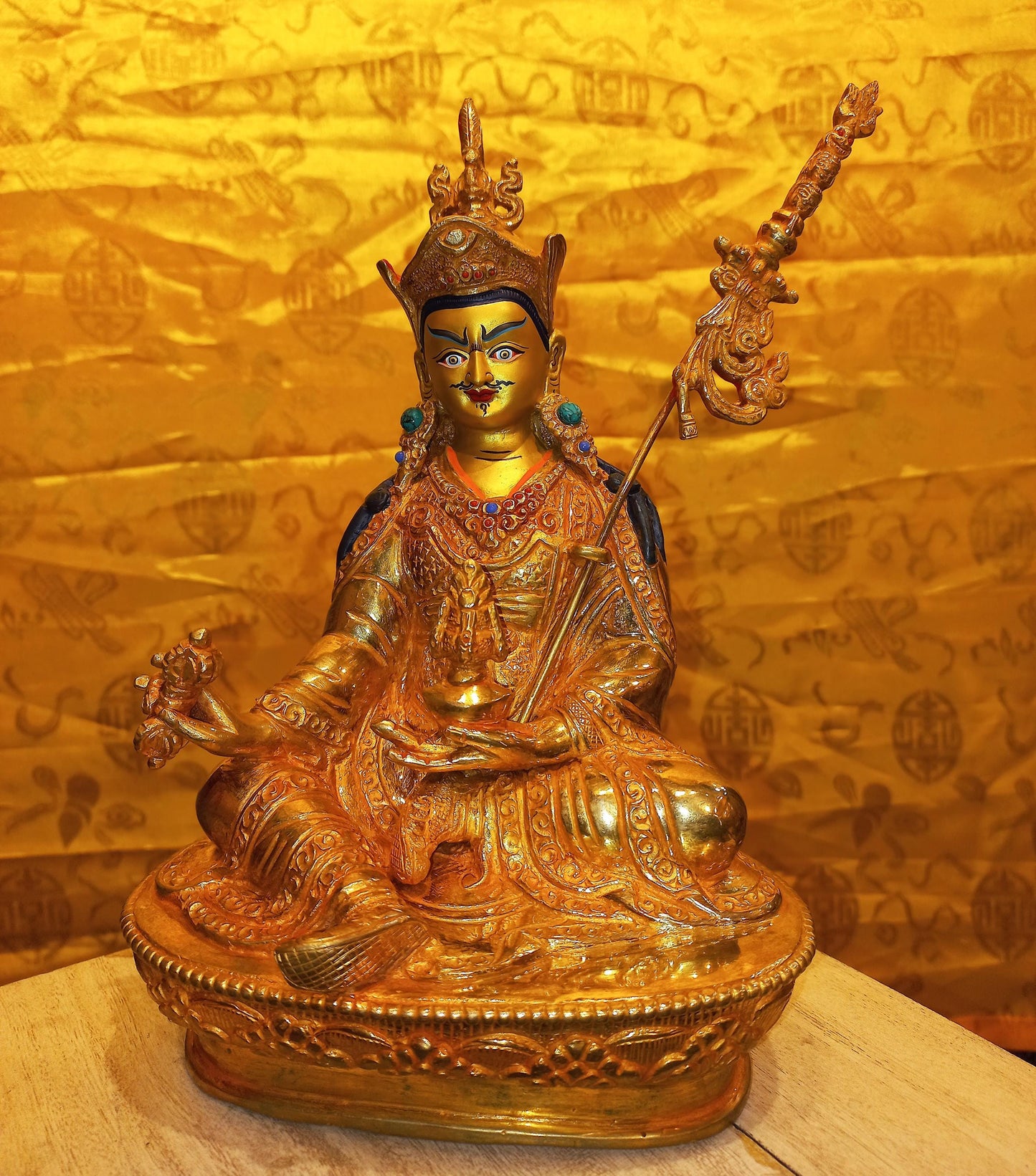 24K Gold Gilded Padmasambhava Statue | Handmade Copper Buddhist Art