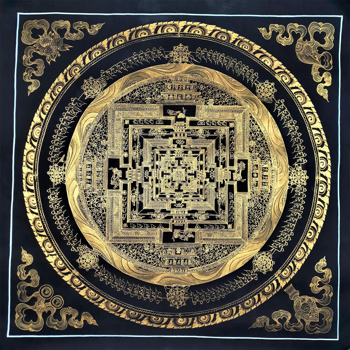 Hand-Painted Black and Gold Kalachakra Mandala Thangka | Tibetan Art