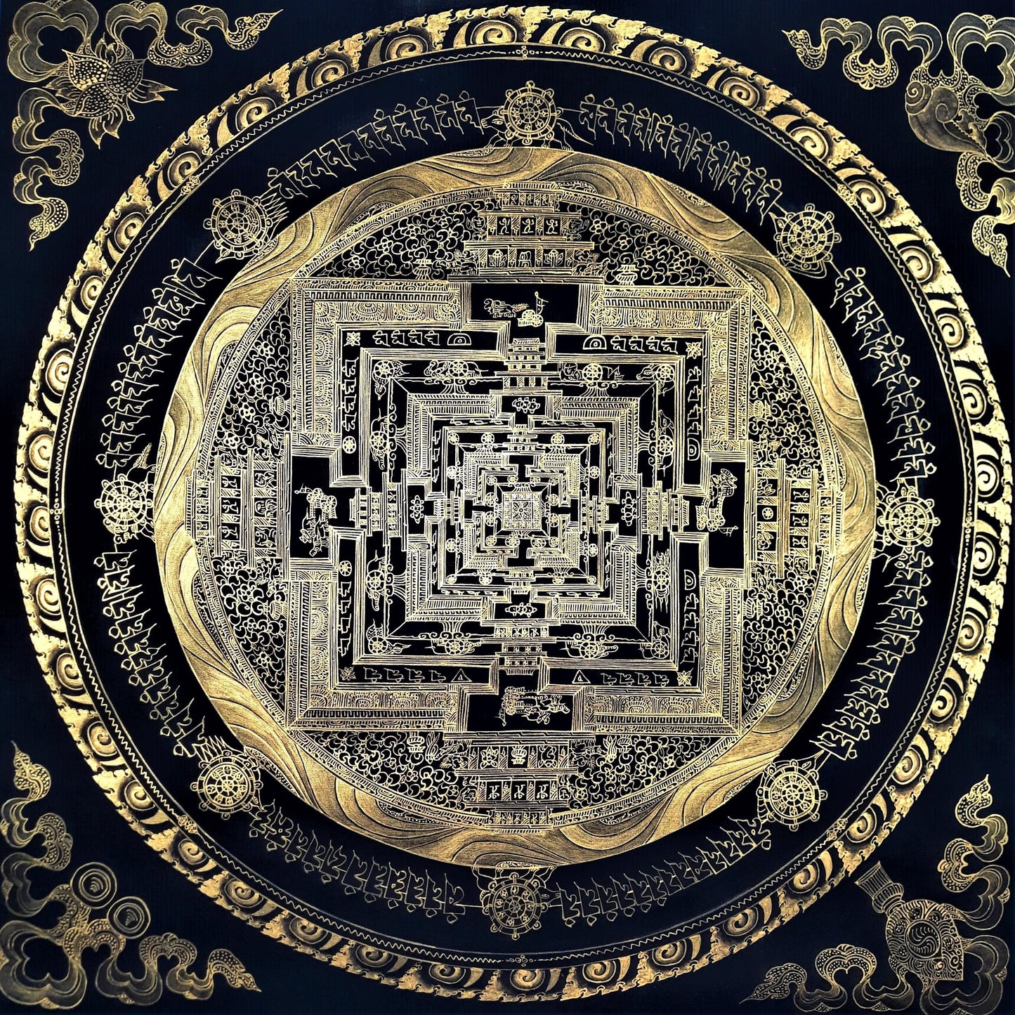Hand-Painted Black and Gold Kalachakra Mandala Thangka | Tibetan Art
