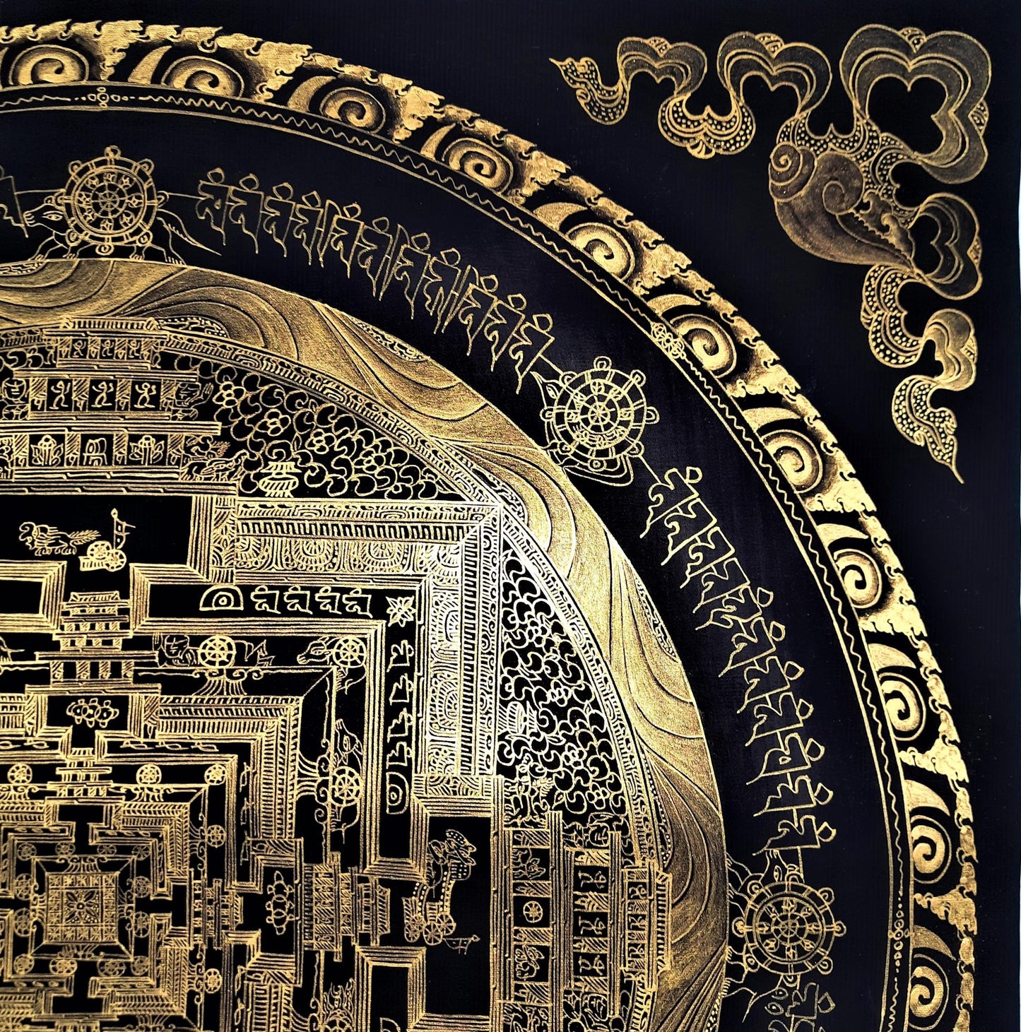 Hand-Painted Black and Gold Kalachakra Mandala Thangka | Tibetan Art