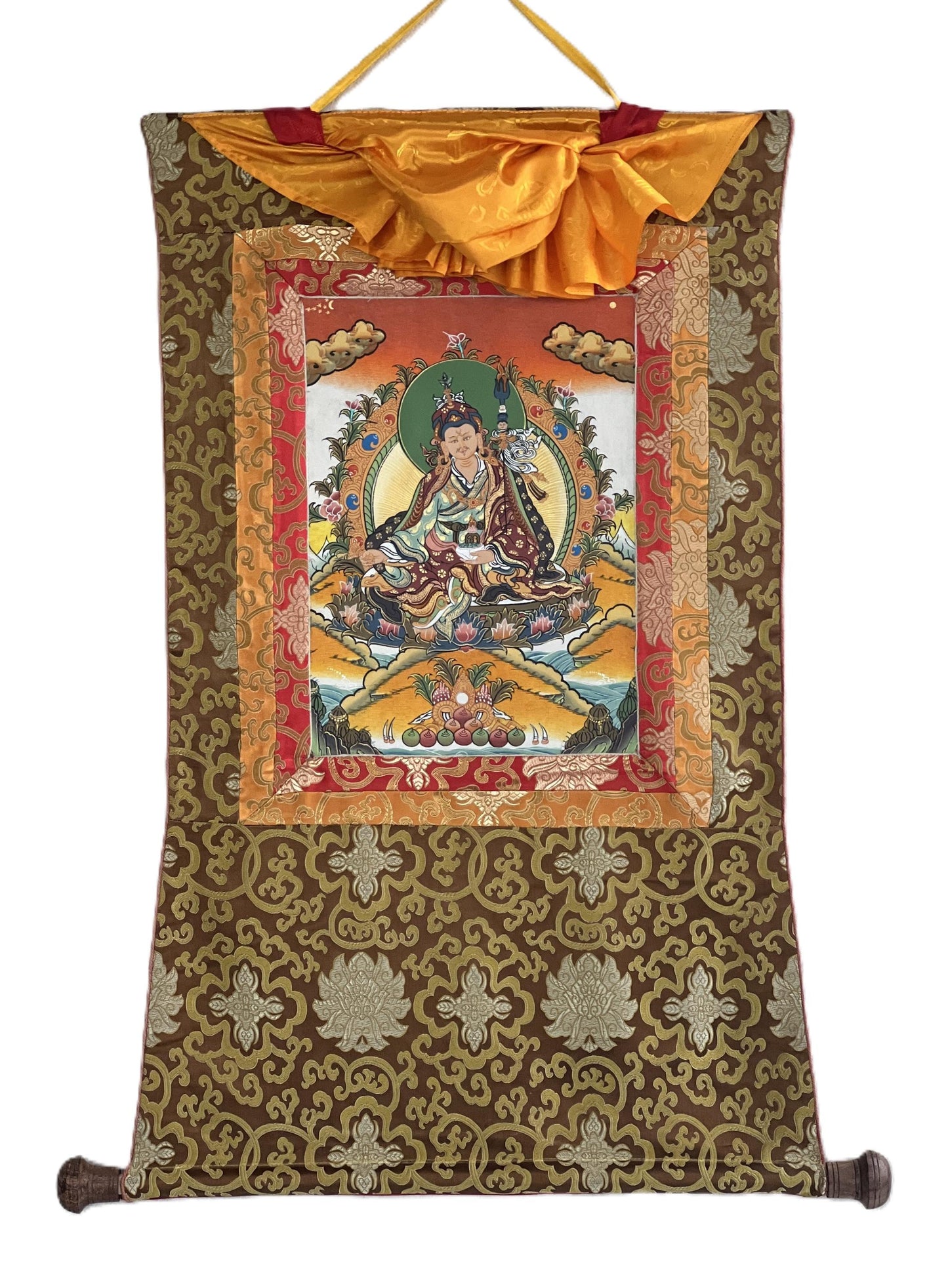 Original Hand-painted Padmasambhava Guru Rinpoche Tibetan Thangka/Thanka Painting with Silk Brocade