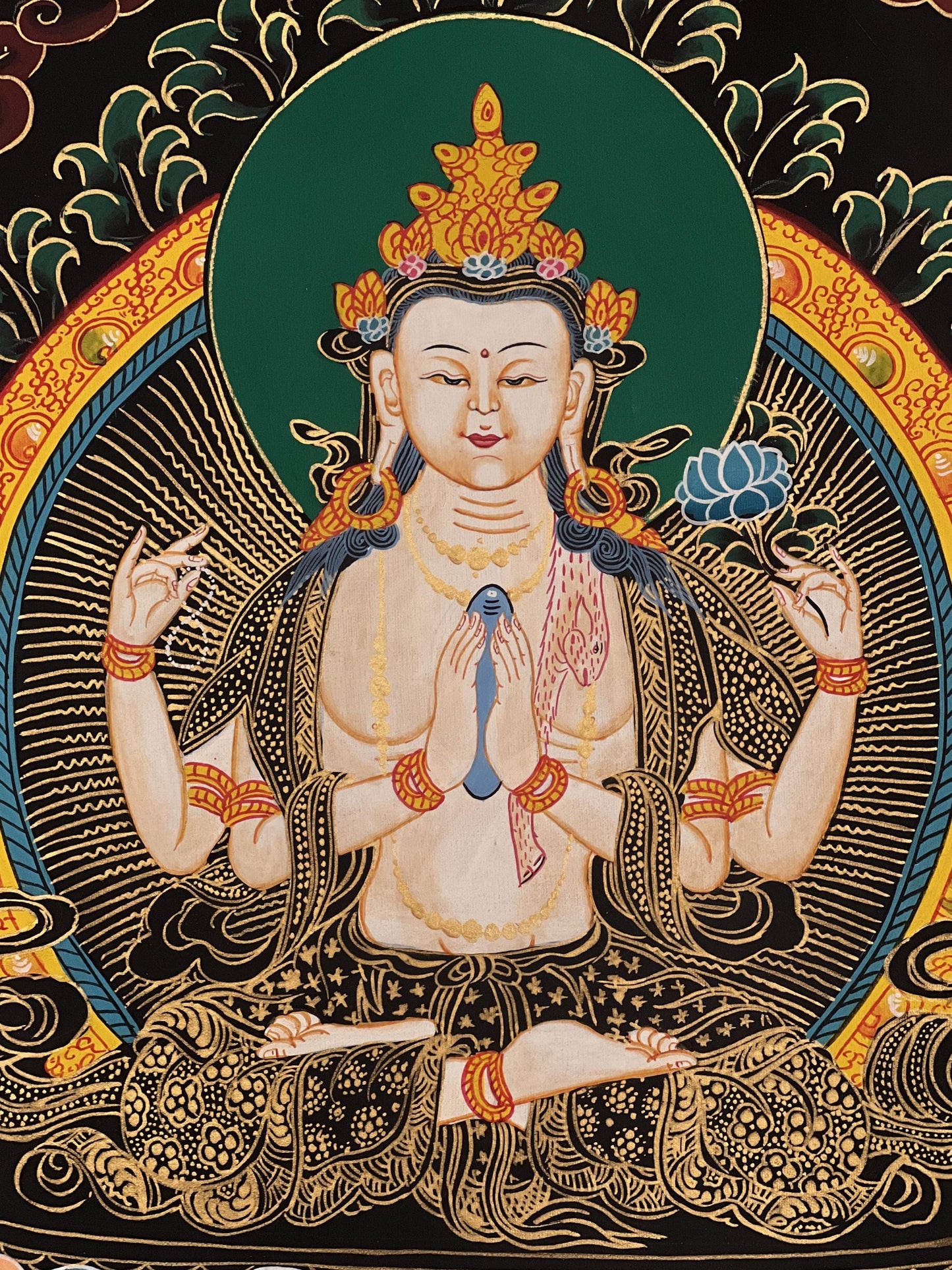 Hand-Painted Chenrezig Thangka Painting with Silk Brocade