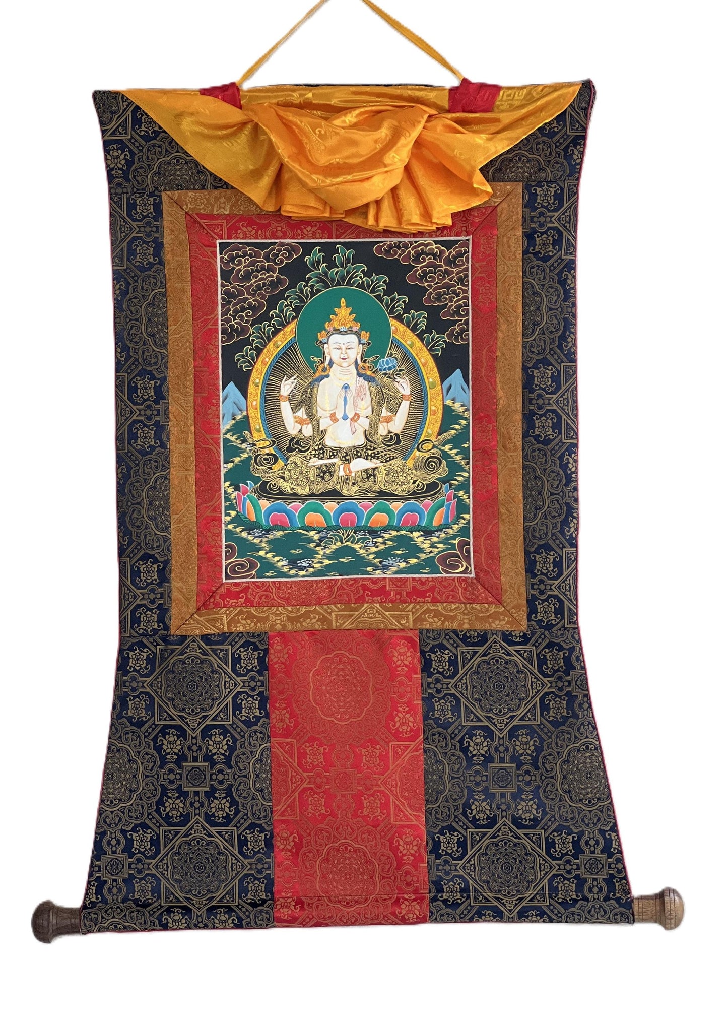 Hand-Painted Chenrezig Thangka Painting with Silk Brocade
