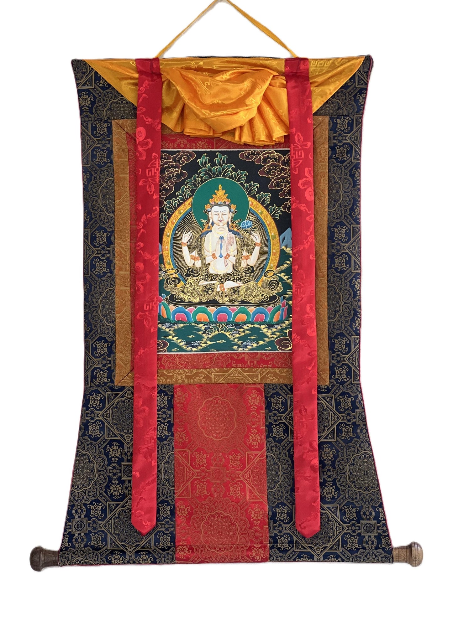 Hand-Painted Chenrezig Thangka Painting with Silk Brocade