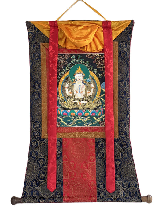 Hand-Painted Chenrezig Thangka Painting with Silk Brocade