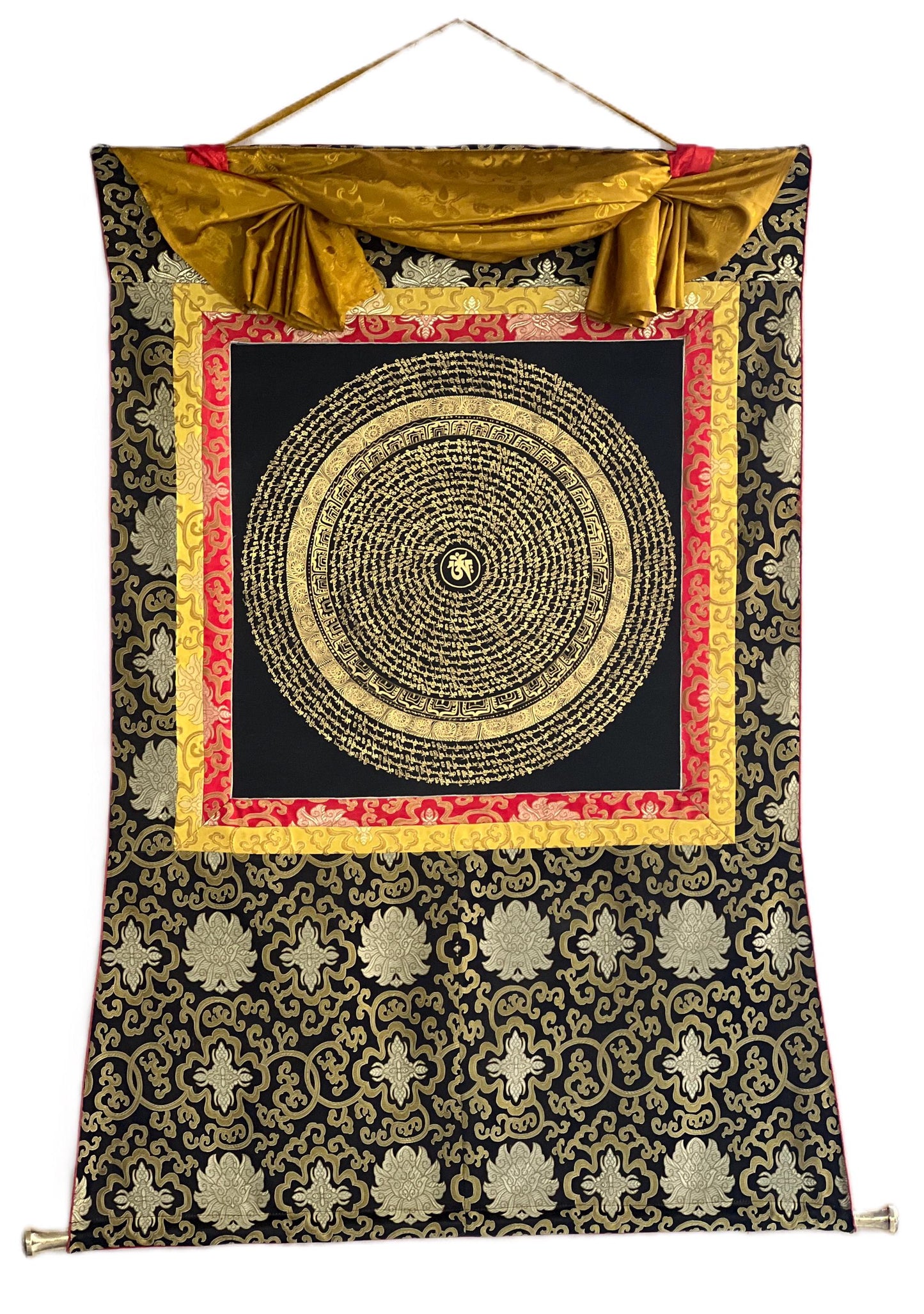 Tibetan Om Mantra Mandala Thangka | Sacred Meditation Wall Hanging, Silk Brocade