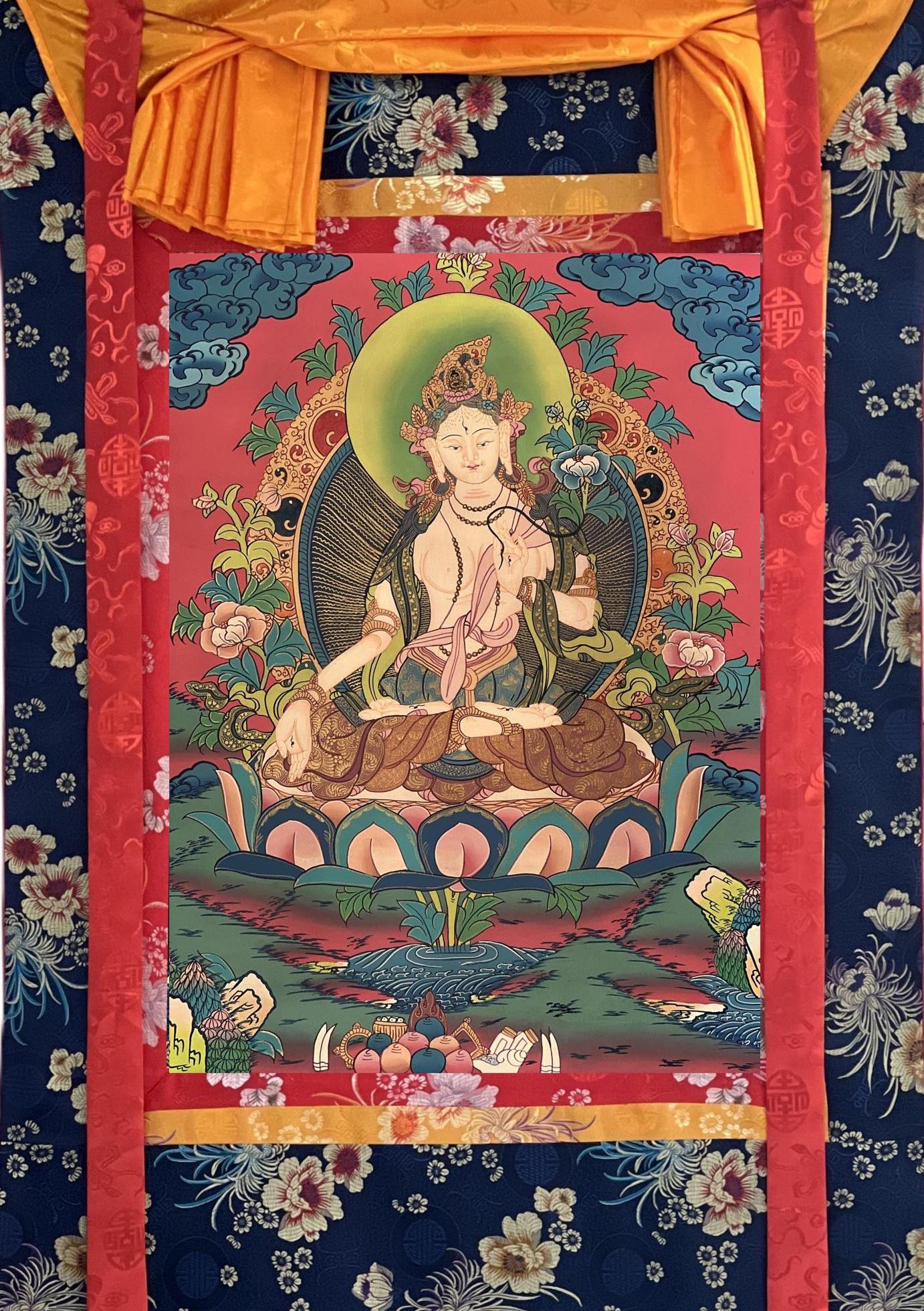 White Tara Thangka Painting: Hand-Painted Tibetan Art with Silk Brocade