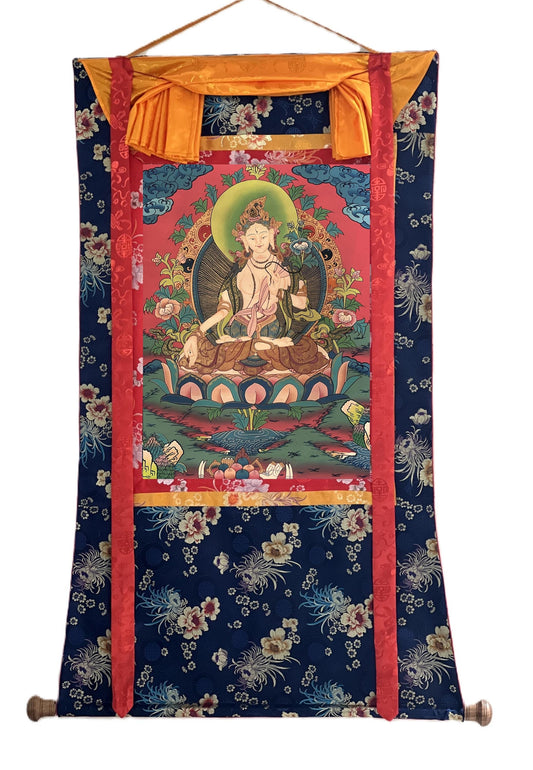 White Tara Thangka Painting: Hand-Painted Tibetan Art with Silk Brocade