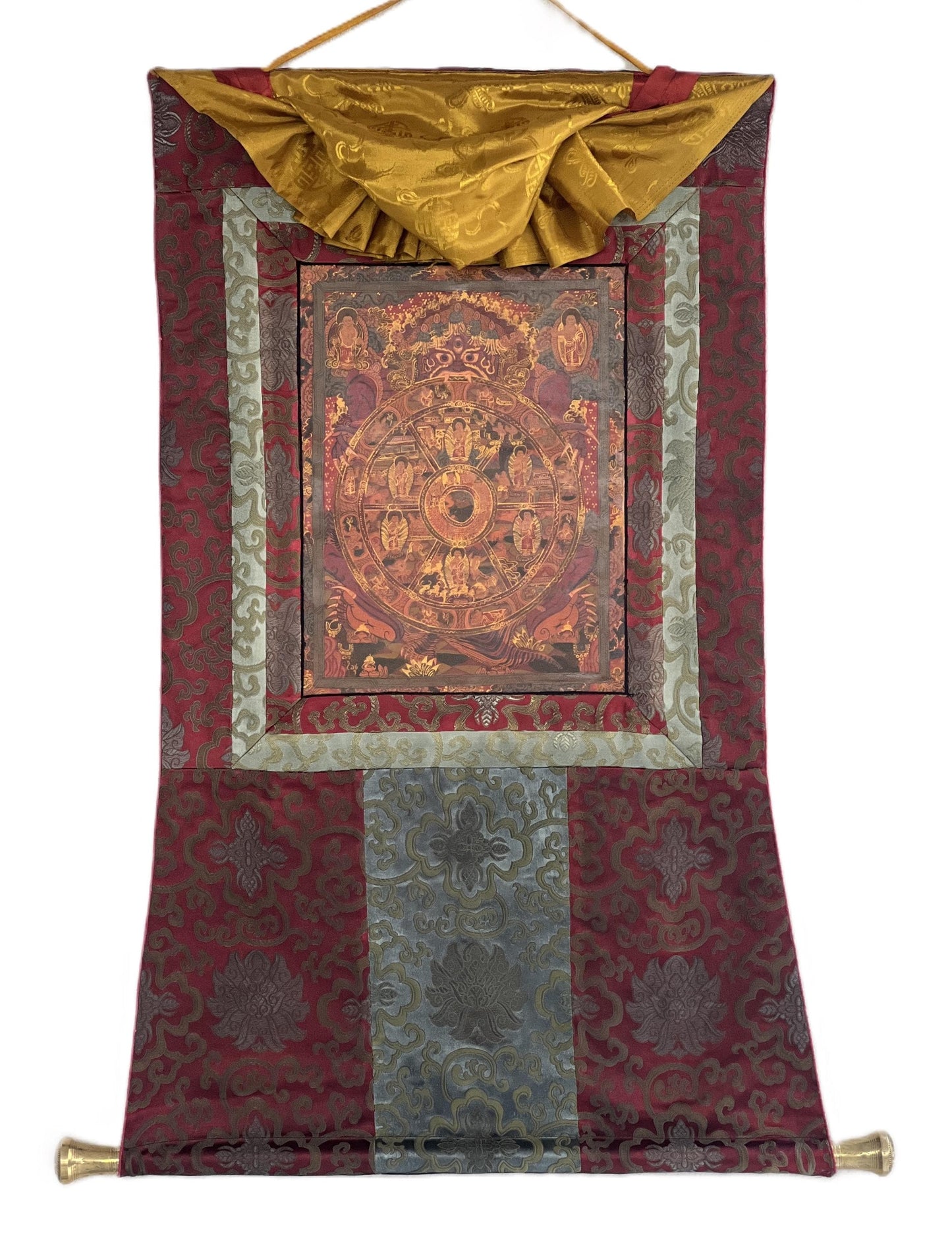 Hand-Painted Wheel of Life Thangka: Mandala Painting with Silk Brocade