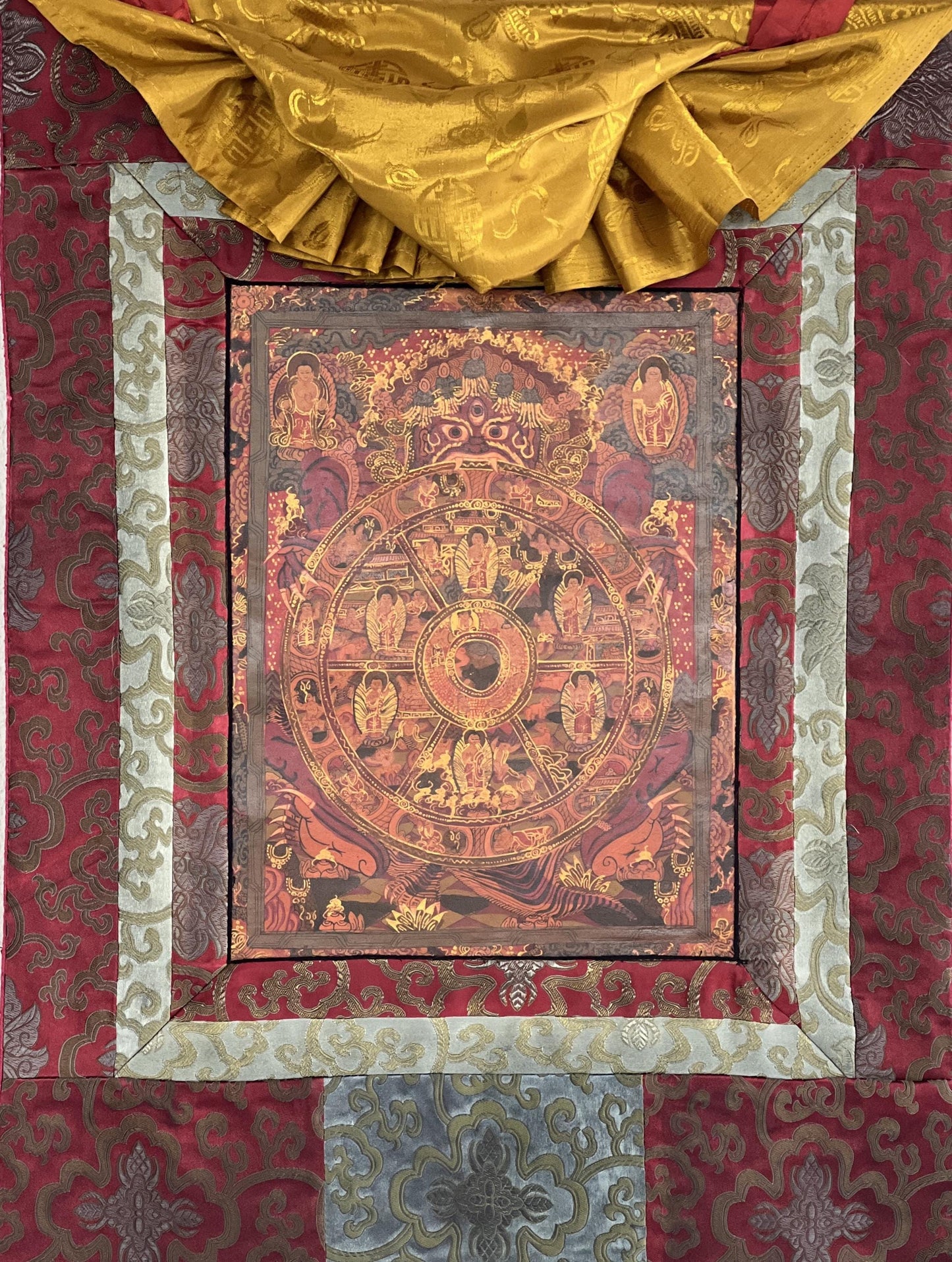 Hand-Painted Wheel of Life Thangka: Mandala Painting with Silk Brocade